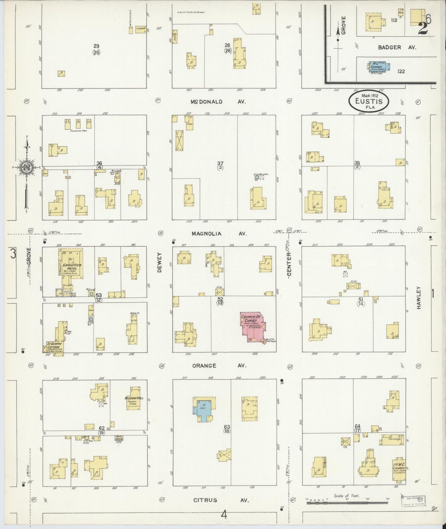 Sanborn Fire Insurance Map from Eustis, Lake County, Florida (1912), Sheet #0002 - Complete Map Set gallery image, historic Sanborn map, vintage wall art, Florida Florida