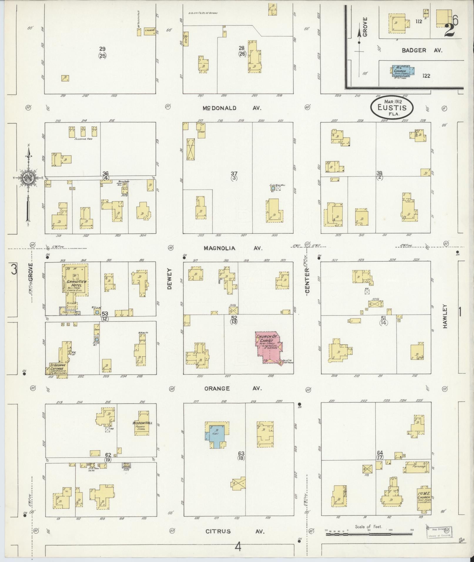 Sanborn Fire Insurance Map from Eustis, Lake County, Florida (1912), Sheet #0002 - Complete Map Set gallery image, historic Sanborn map, vintage wall art, Florida Florida