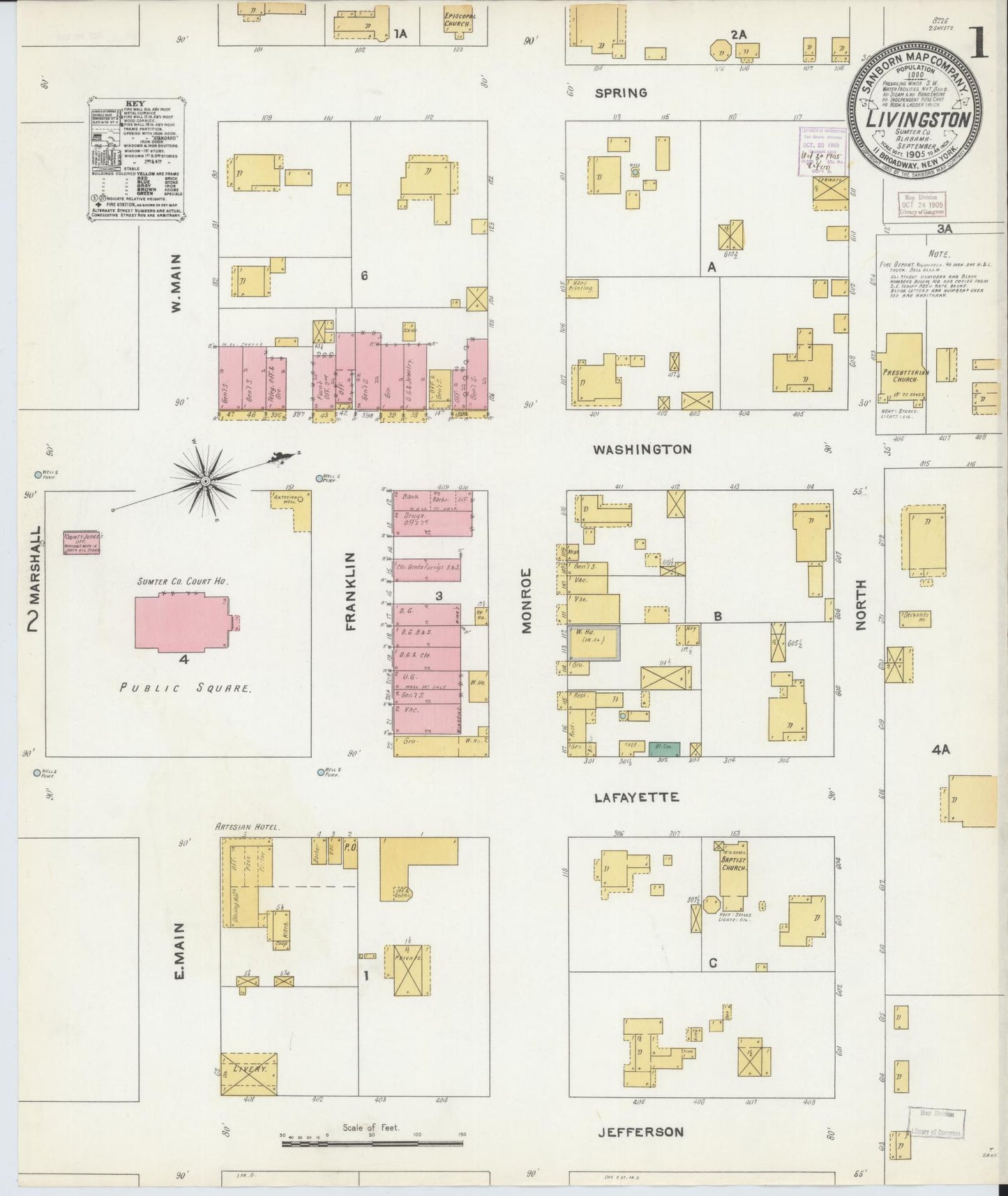 Sanborn Fire Insurance Map from Livingston, Sumter County, Alabama (1905), Sheet #0001 - Historic Sanborn Fire Insurance Map Print, vintage old map wall art, antique decor, genealogy gift, Alabama Alabama map