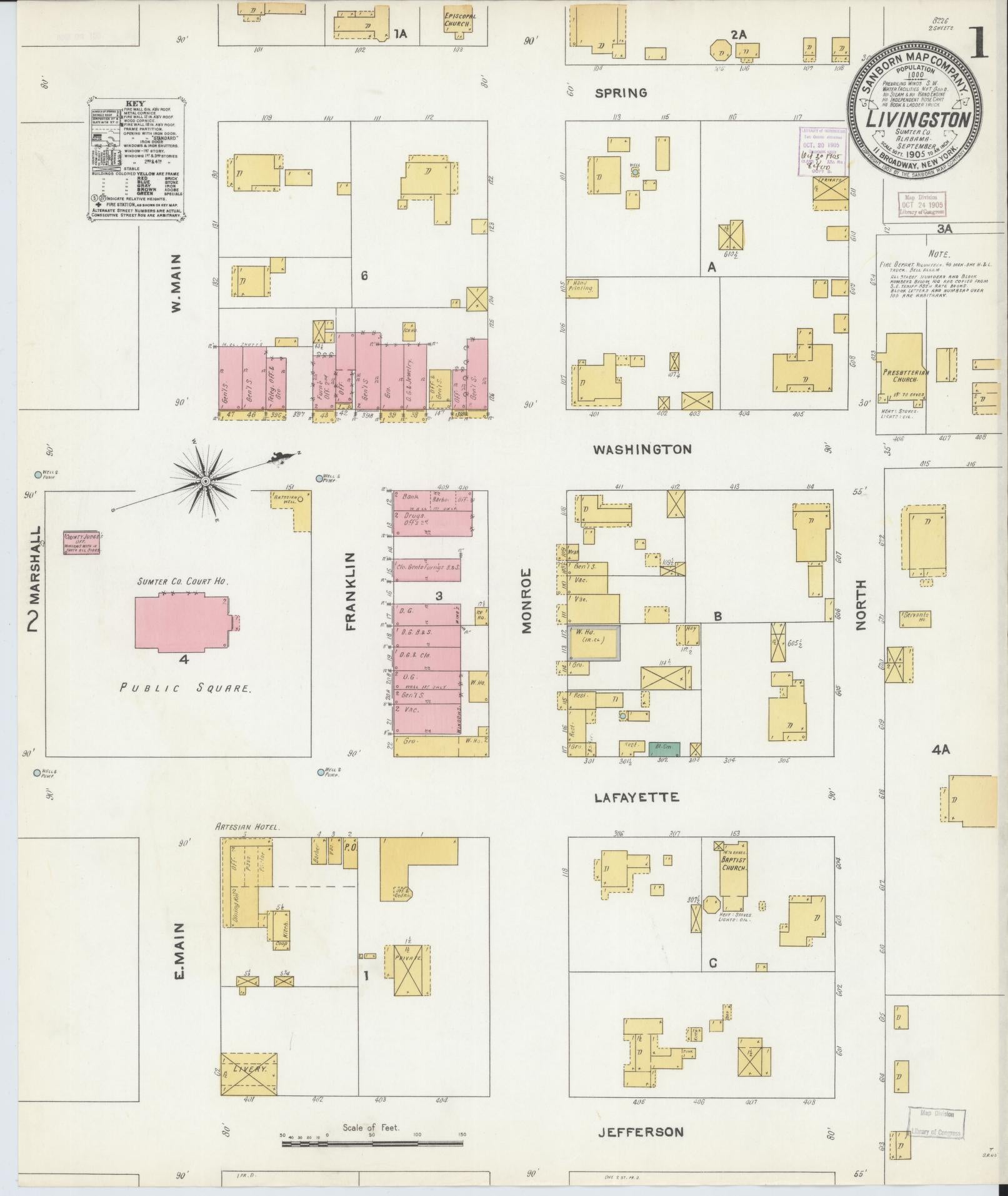Sanborn Fire Insurance Map from Livingston, Sumter County, Alabama (1905), Sheet #0001 - Historic Sanborn Fire Insurance Map Print, vintage old map wall art, antique decor, genealogy gift, Alabama Alabama map