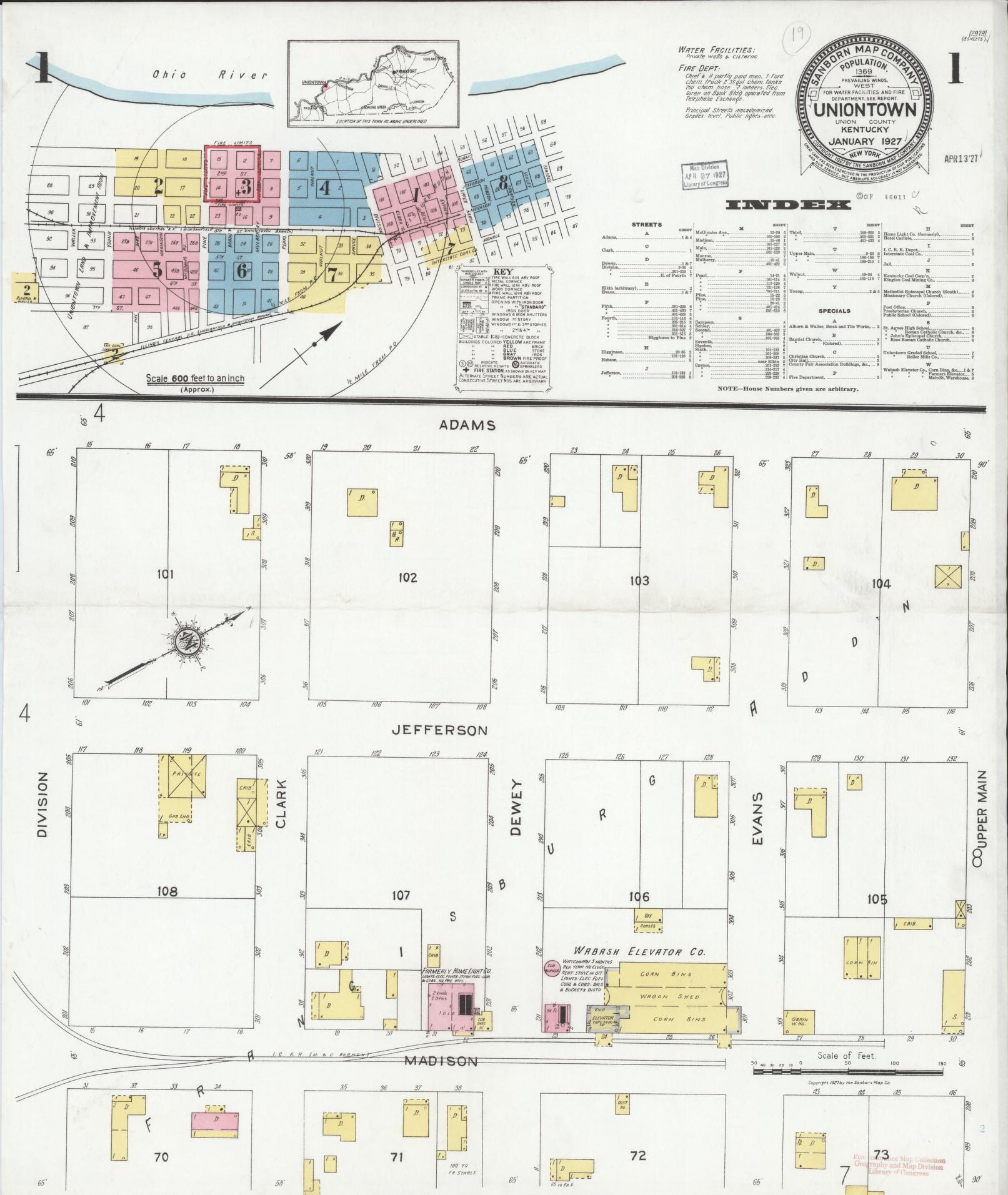 Sanborn Fire Insurance Map from Uniontown, Union County, Kentucky (1927), Sheet #0001 - Historic Sanborn Fire Insurance Map Print, vintage old map wall art, antique decor, genealogy gift, Kentucky Kentucky map