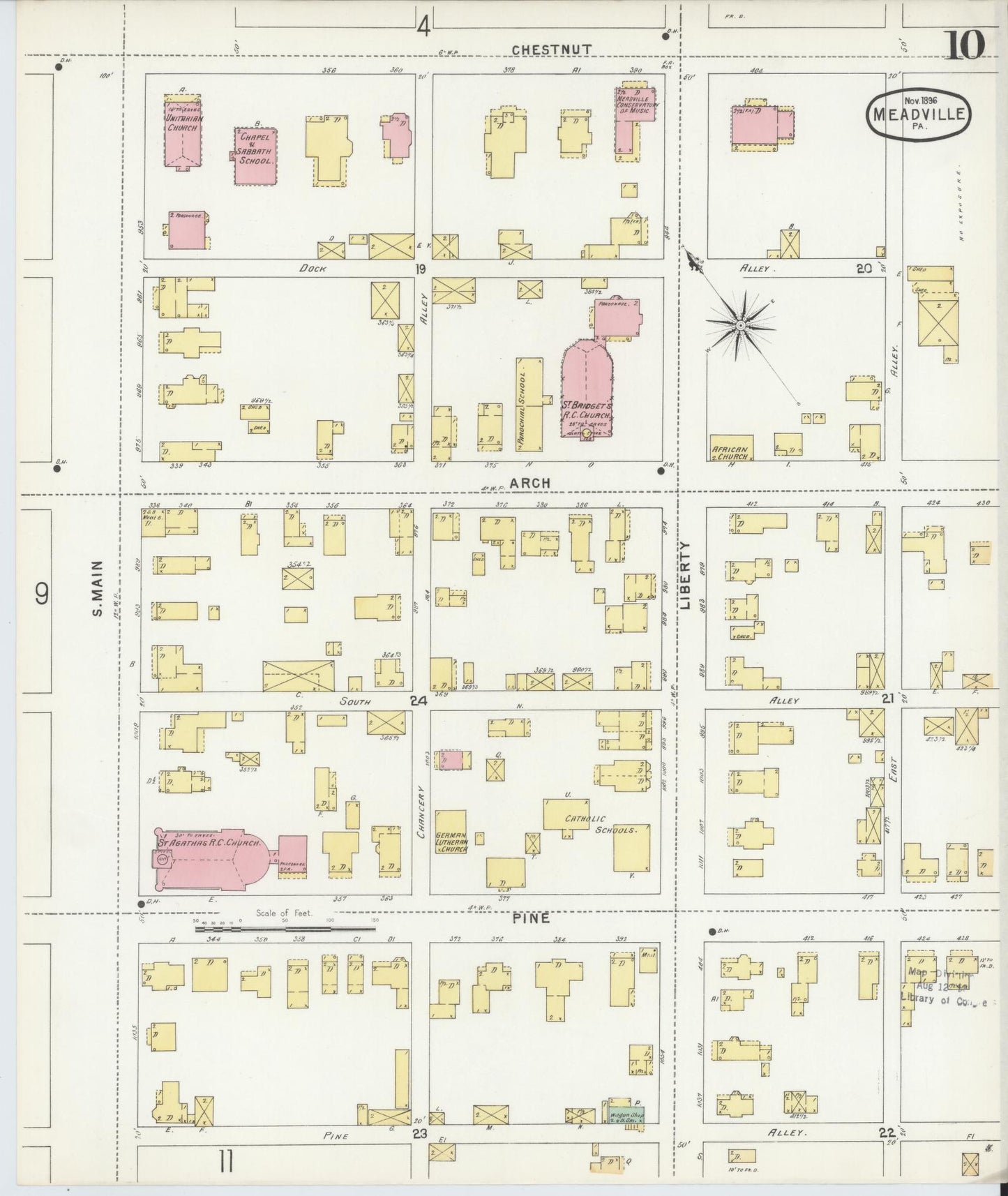 Sanborn Fire Insurance Map from Meadville, Crawford County, Pennsylvania (1896), Sheet #0010 - Historic Sanborn Fire Insurance Map Print, vintage old map wall art, antique decor, genealogy gift, Pennsylvania Pennsylvania map