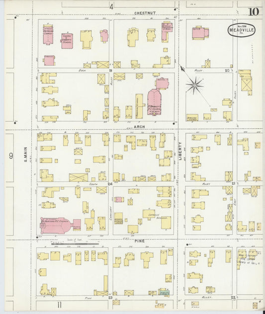 Sanborn Fire Insurance Map from Meadville, Crawford County, Pennsylvania (1896), Sheet #0010 - Historic Sanborn Fire Insurance Map Print, vintage old map wall art, antique decor, genealogy gift, Pennsylvania Pennsylvania map