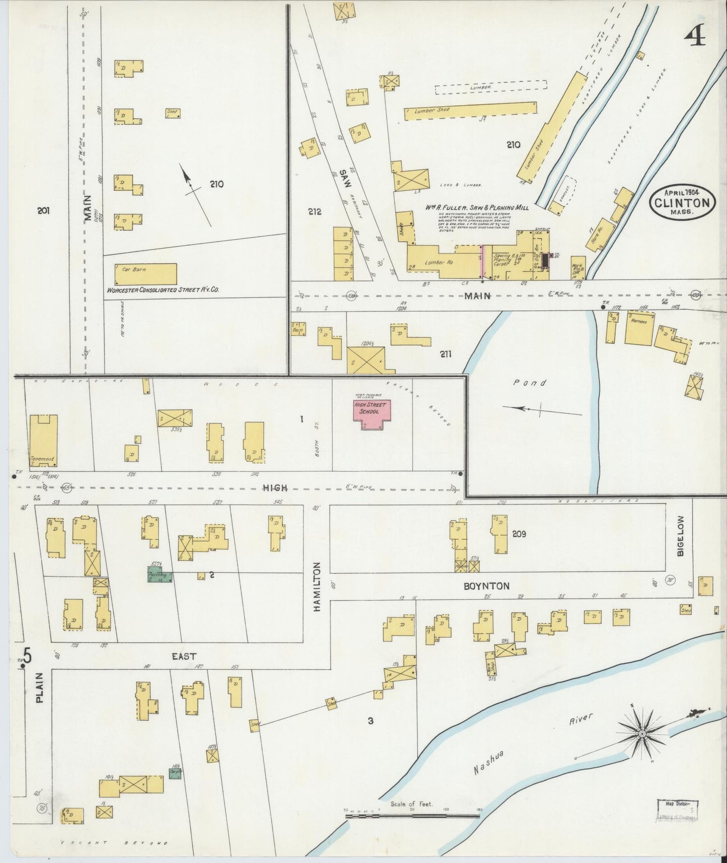 Sanborn Fire Insurance Map from Clinton, Worcester County, Massachusetts (1904), Sheet #0004 - Historic Sanborn Fire Insurance Map Print, vintage old map wall art, antique decor, genealogy gift, Massachusetts Massachusetts map