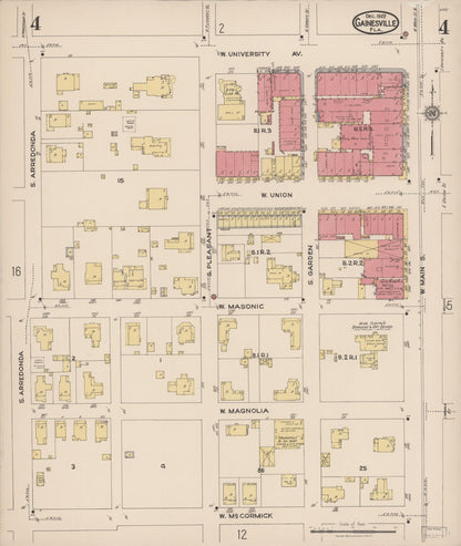 Sanborn Fire Insurance Map from Gainesville, Alachua County, Florida (1922), Sheet #0004 - Historic Sanborn Fire Insurance Map Print, vintage old map wall art, antique decor, genealogy gift, Florida Florida map