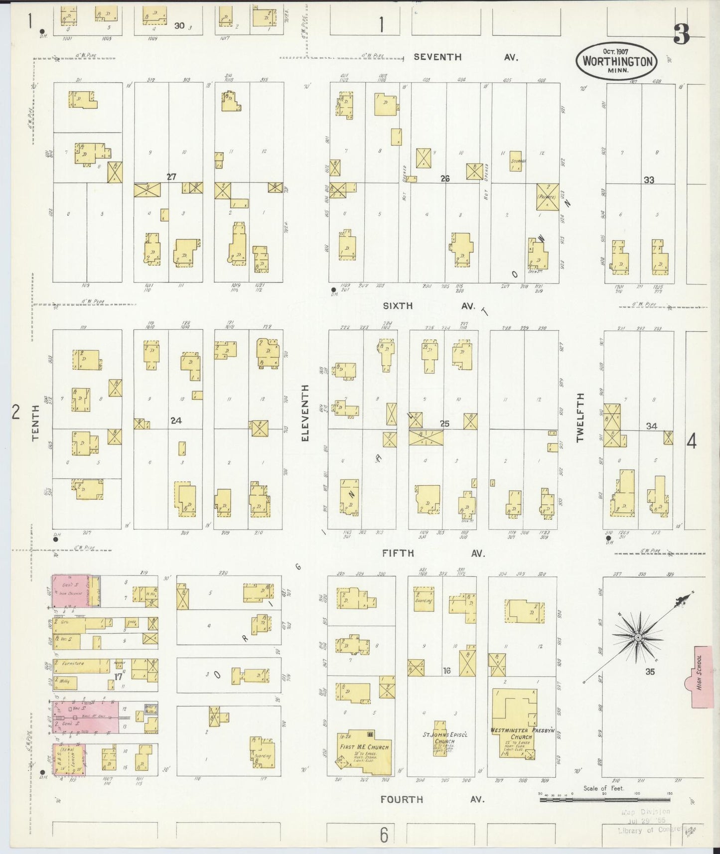 Sanborn Fire Insurance Map from Worthington, Nobles County, Minnesota (1907), Sheet #0003 - Complete Map Set gallery image, historic Sanborn map, vintage wall art, Minnesota Minnesota