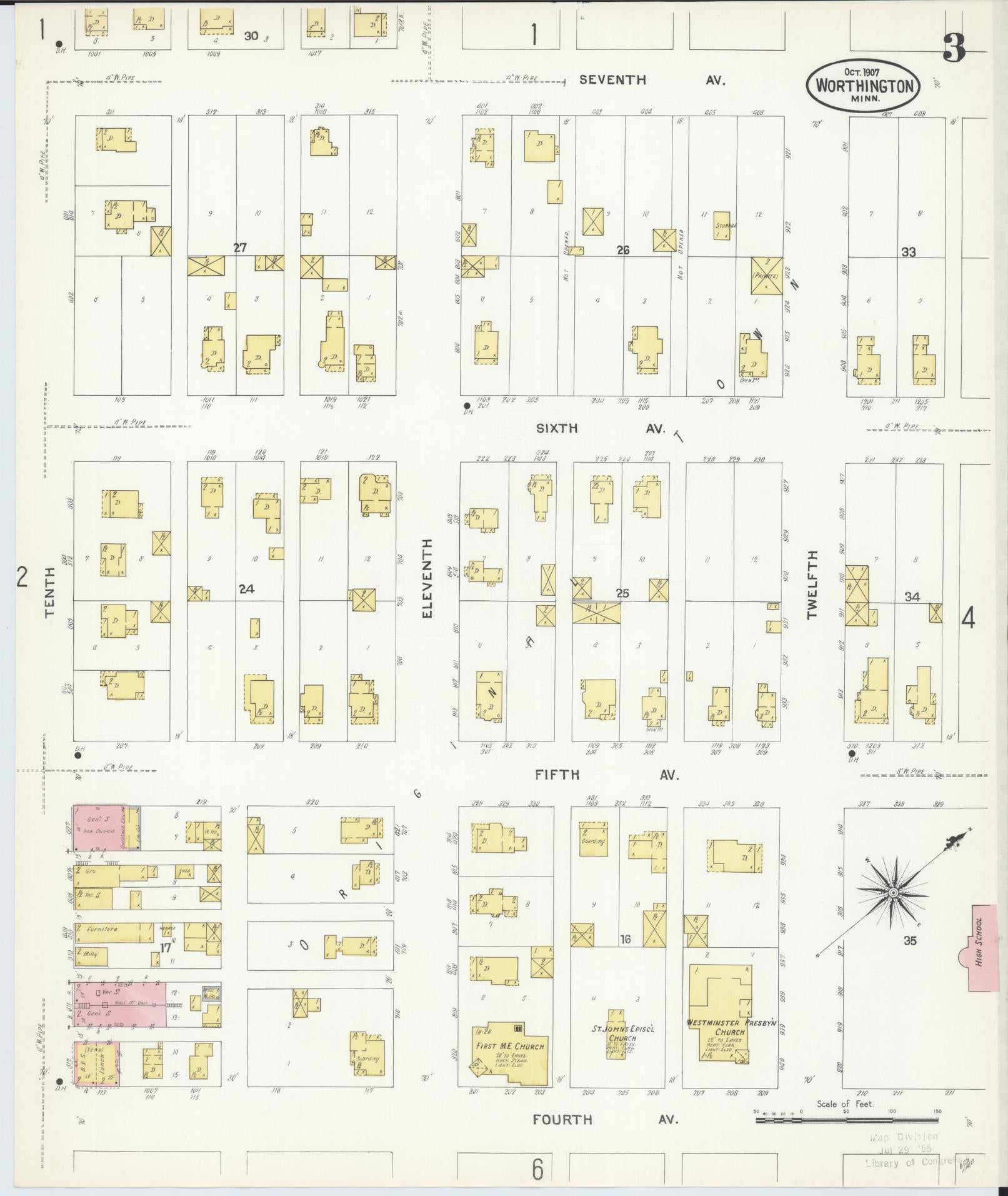Sanborn Fire Insurance Map from Worthington, Nobles County, Minnesota (1907), Sheet #0003 - Complete Map Set gallery image, historic Sanborn map, vintage wall art, Minnesota Minnesota