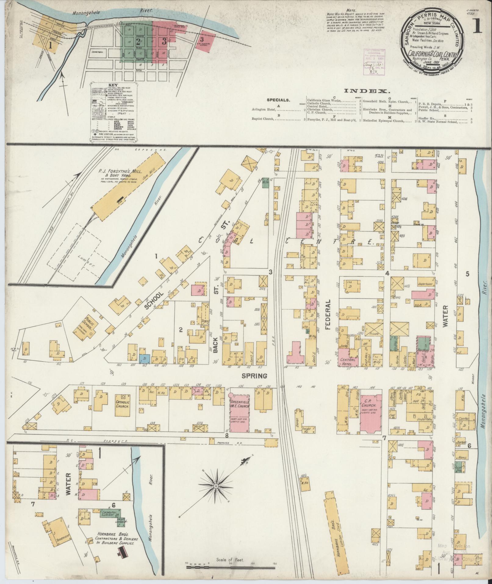 Sanborn Fire Insurance Map from California, Washington County, Pennsylvania (1901), Sheet #0001 - Complete Map Set gallery image, historic Sanborn map, vintage wall art, California California