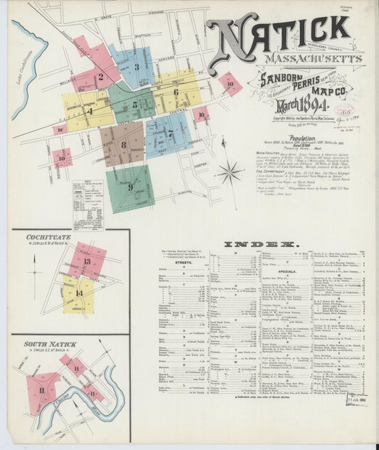 Sanborn Fire Insurance Map from Natick, Middlesex County, Massachusetts (1894), Sheet #0001 - Historic Sanborn Fire Insurance Map Print, vintage old map wall art, antique decor, genealogy gift, Massachusetts Massachusetts map