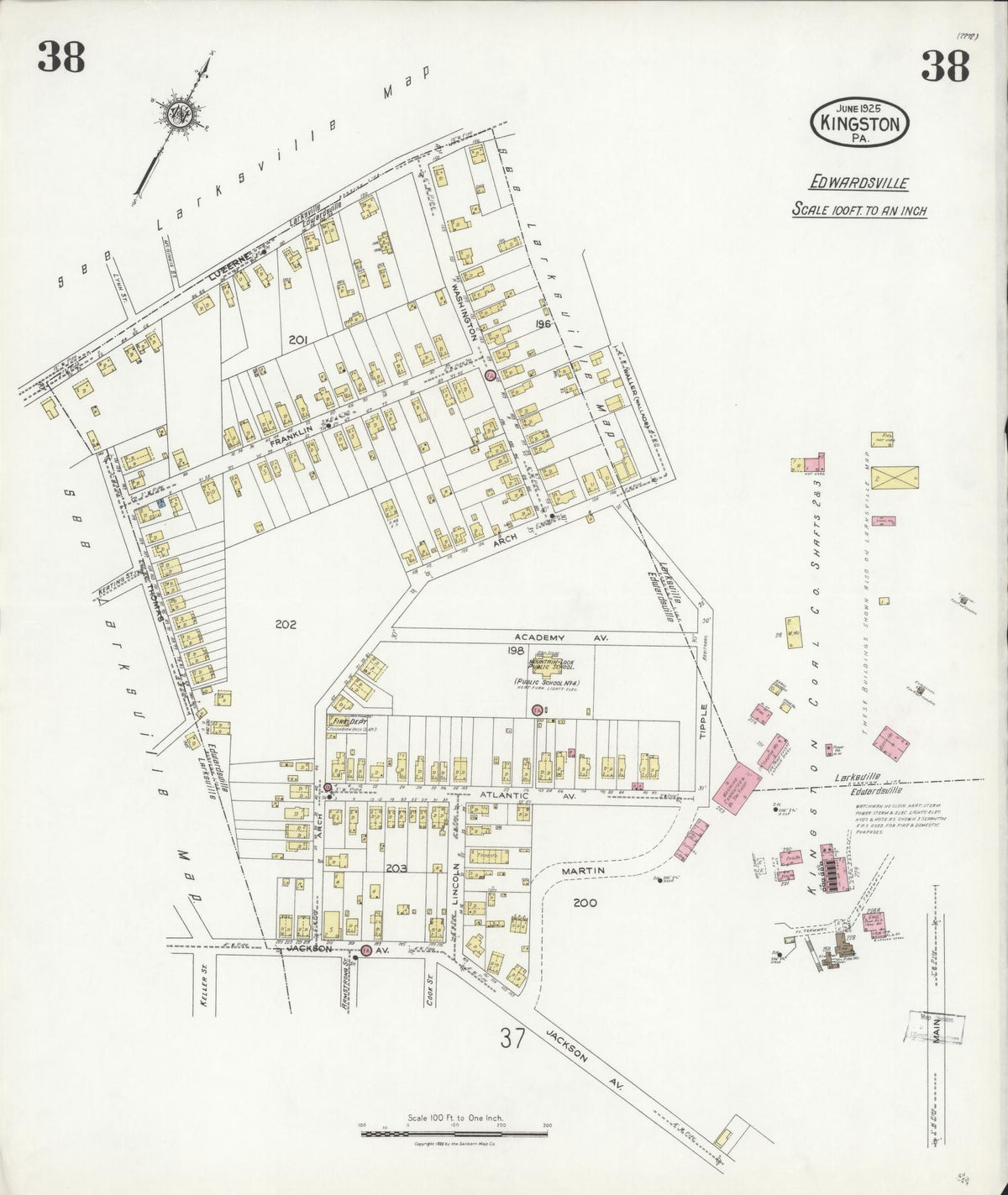 Sanborn Fire Insurance Map from Kingston, Luzerne County, Pennsylvania (1925), Sheet #0038 - Historic Sanborn Fire Insurance Map Print, vintage old map wall art, antique decor, genealogy gift, Pennsylvania Pennsylvania map