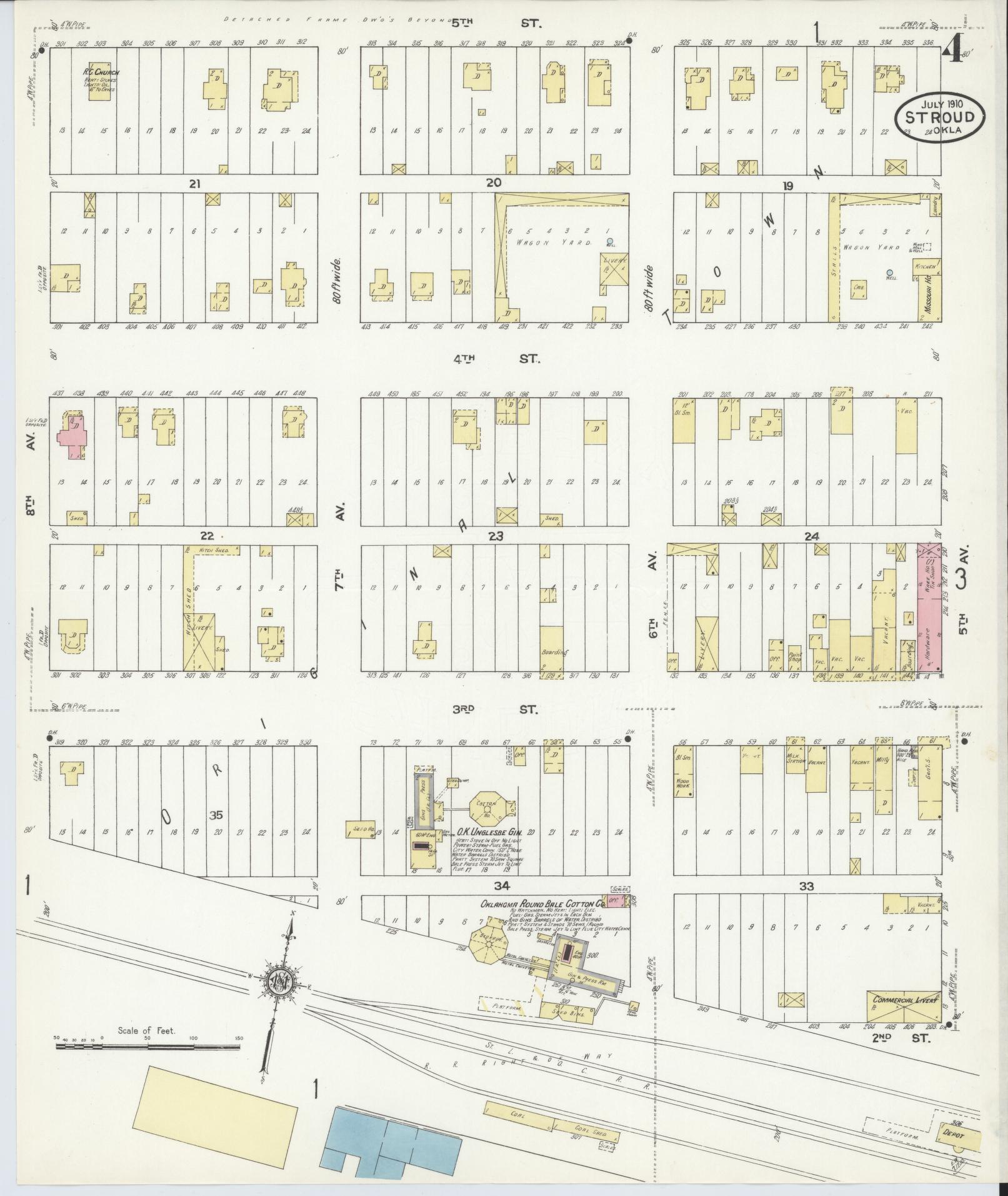Sanborn Fire Insurance Map from Stroud, Lincoln County, Oklahoma (1910), Sheet #0004 - Complete Map Set gallery image, historic Sanborn map, vintage wall art, Oklahoma Oklahoma