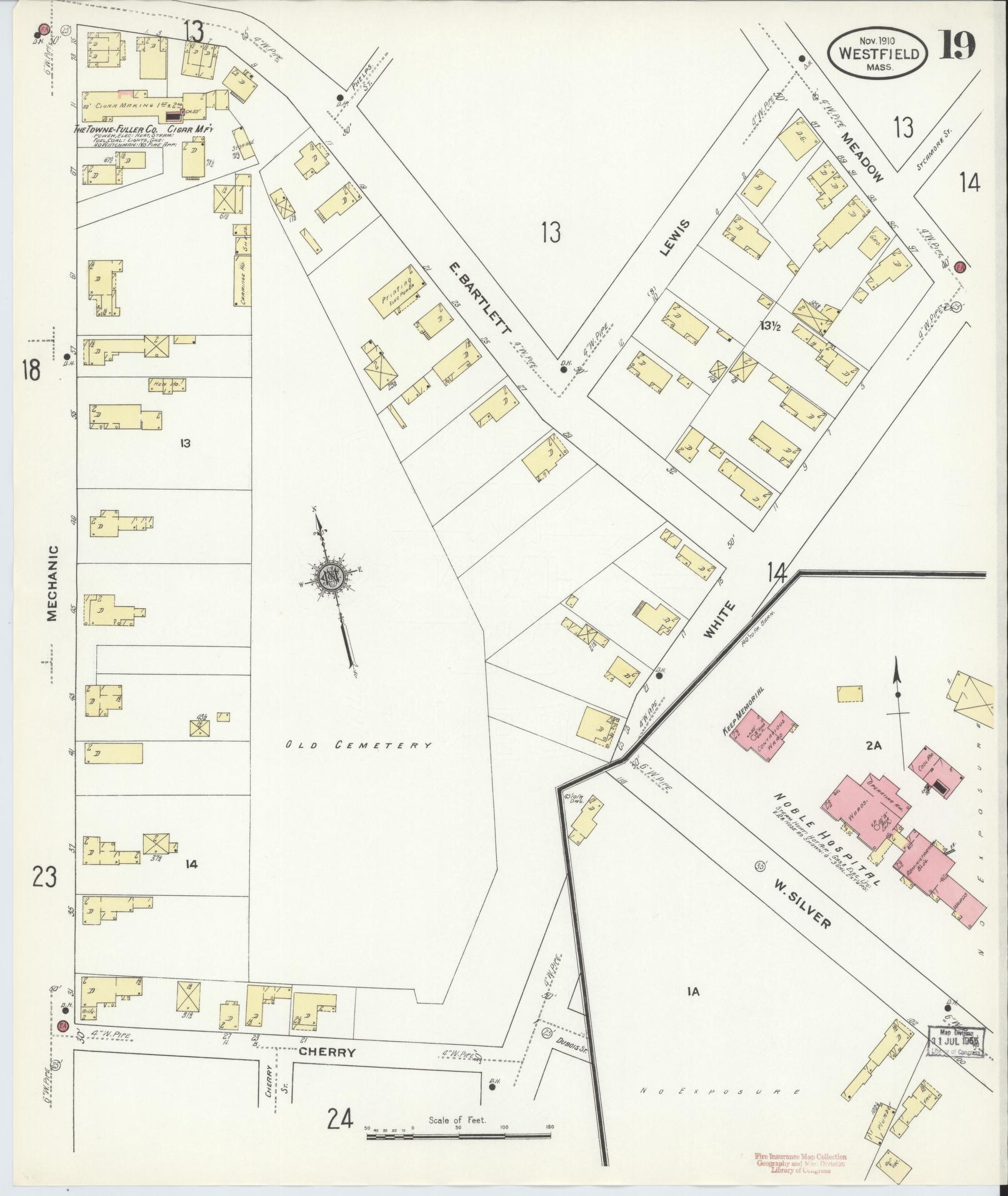 Sanborn Fire Insurance Map from Westfield, Hampden County, Massachusetts (1910), Sheet #0019 - Historic Sanborn Fire Insurance Map Print, vintage old map wall art, antique decor, genealogy gift, Massachusetts Massachusetts map