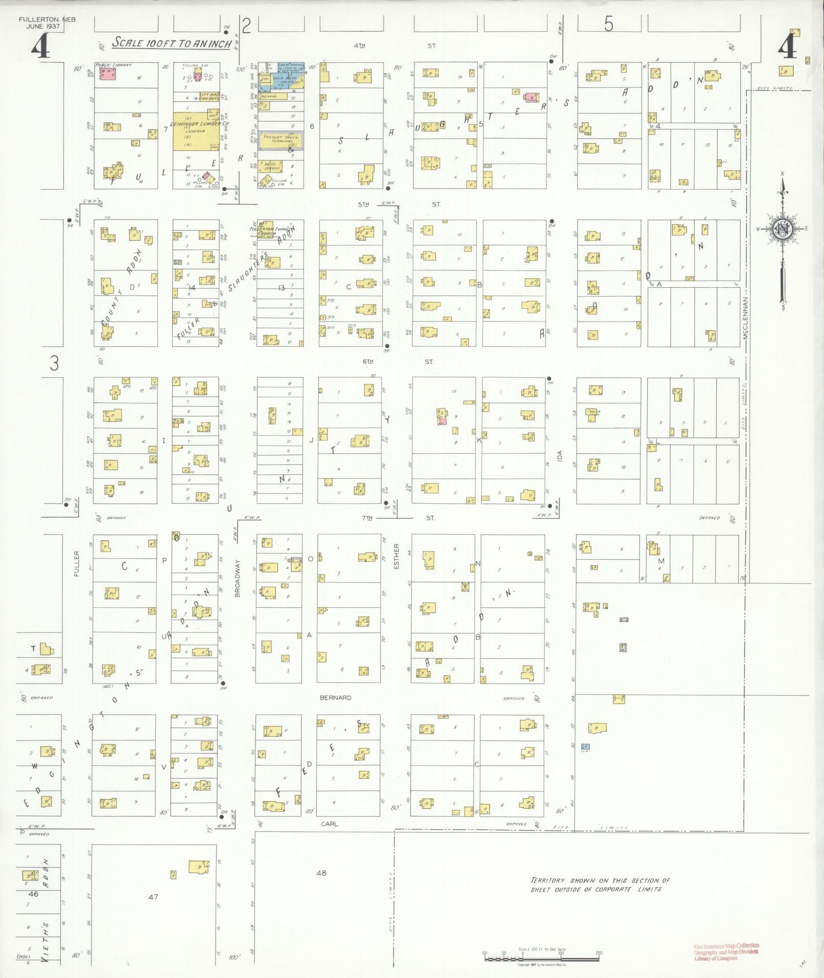 Sanborn Fire Insurance Map from Fullerton, Nance County, Nebraska (1937), Sheet #0004 - Historic Sanborn Fire Insurance Map Print, vintage old map wall art, antique decor, genealogy gift, Nebraska Nebraska map