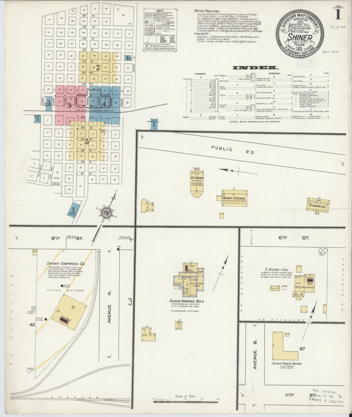 Sanborn Fire Insurance Map from Shiner, Lavaca County, Texas (1912), Sheet #0001 - Complete Map Set gallery image, historic Sanborn map, vintage wall art, Texas Texas