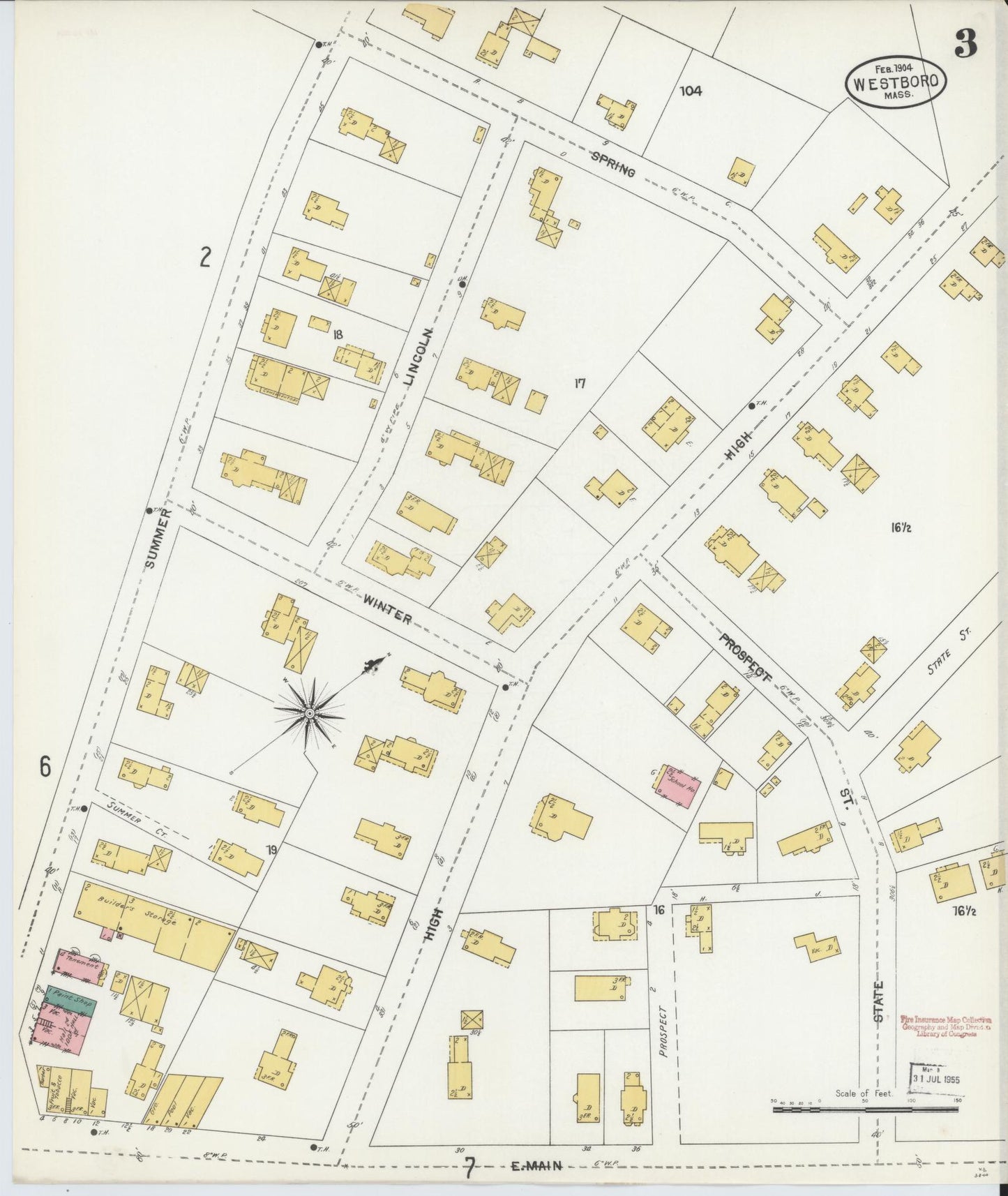 Sanborn Fire Insurance Map from Westboro, Worcester County, Massachusetts (1904), Sheet #0003 - Historic Sanborn Fire Insurance Map Print, vintage old map wall art, antique decor, genealogy gift, Massachusetts Massachusetts map