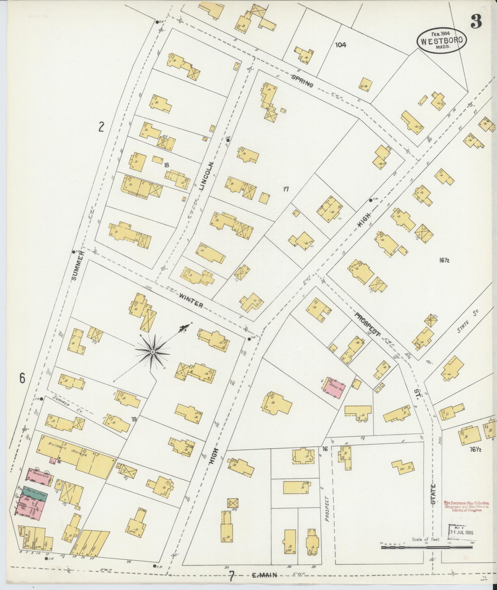 Sanborn Fire Insurance Map from Westboro, Worcester County, Massachusetts (1904), Sheet #0003 - Historic Sanborn Fire Insurance Map Print, vintage old map wall art, antique decor, genealogy gift, Massachusetts Massachusetts map