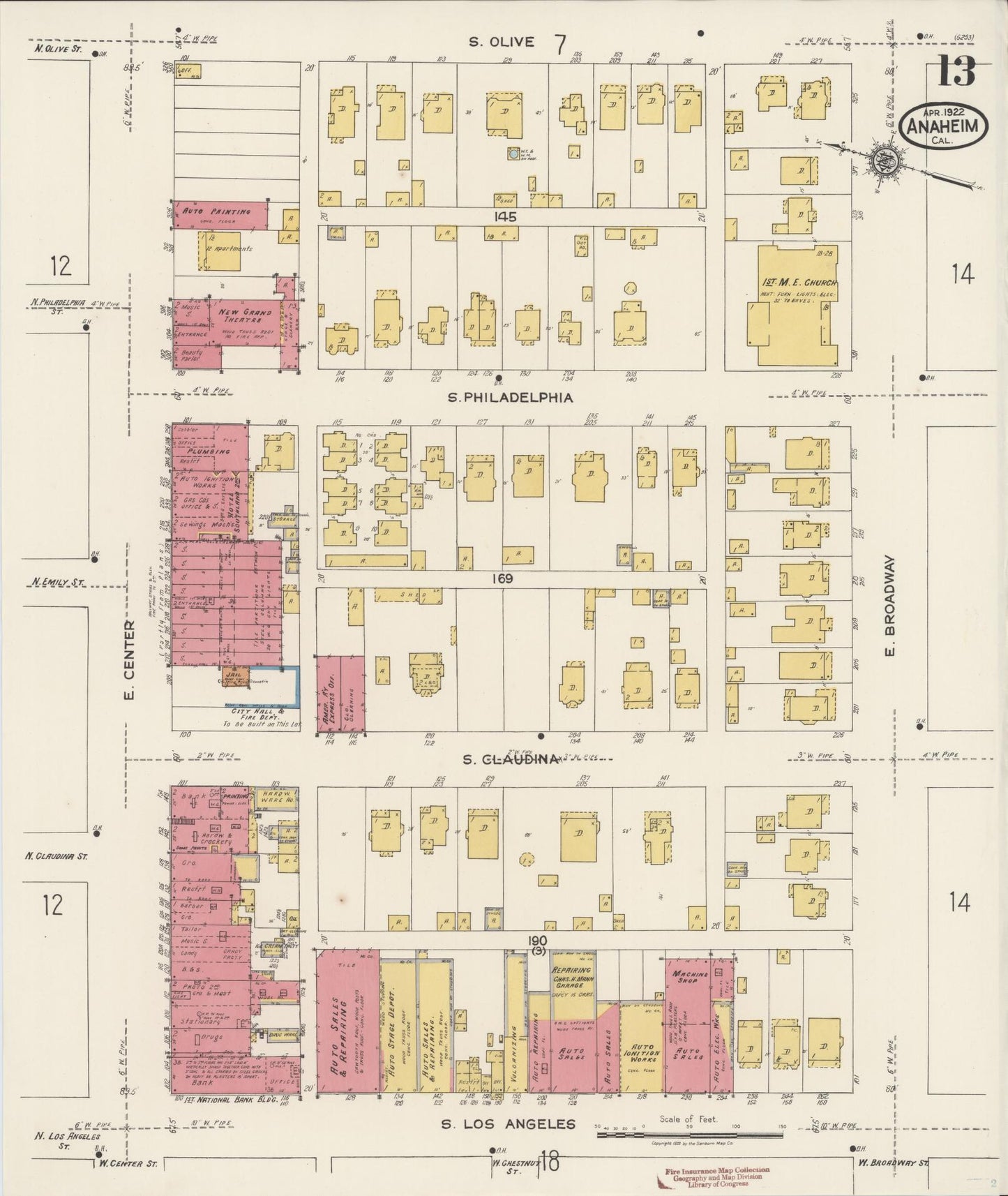 Sanborn Fire Insurance Map from Anaheim, Orange County, California (1922), Sheet #0013 - Historic Sanborn Fire Insurance Map Print, vintage old map wall art, antique decor, genealogy gift, California California map