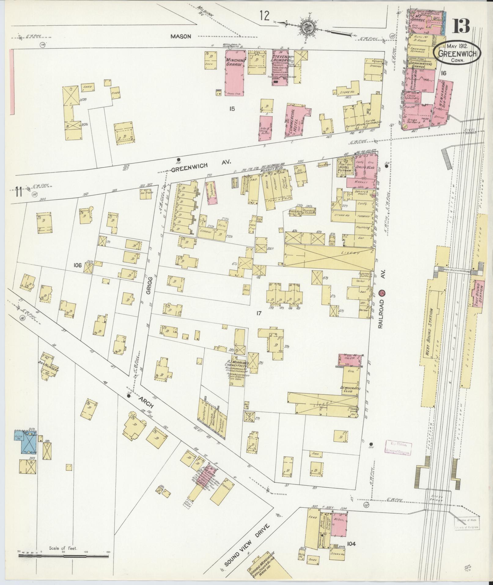 Sanborn Fire Insurance Map from Greenwich, Fairfield County, Connecticut (1912), Sheet #0013 - Complete Map Set gallery image, historic Sanborn map, vintage wall art, Connecticut Connecticut