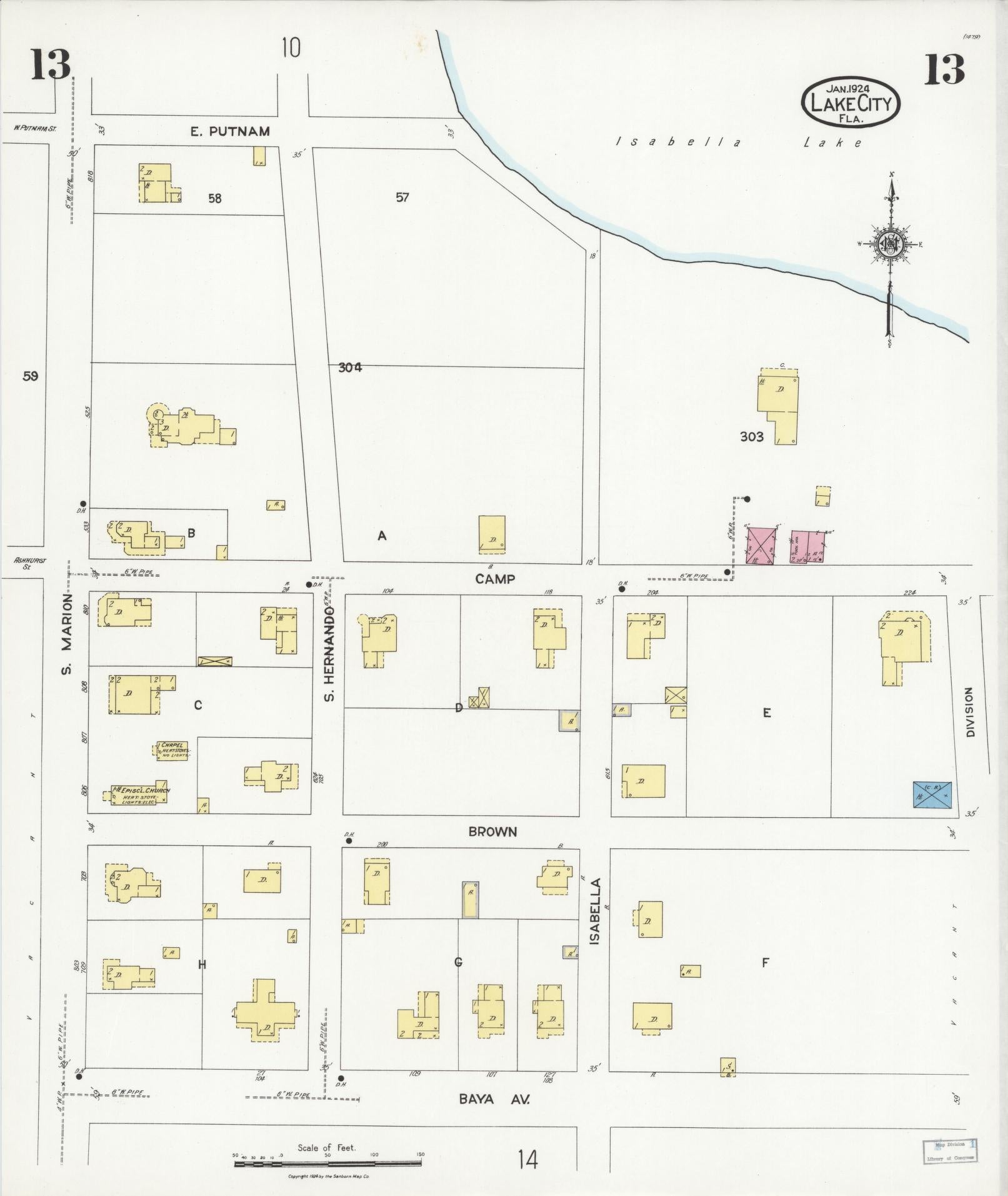 Sanborn Fire Insurance Map from Lake City, Columbia County, Florida (1924), Sheet #0013 - Historic Sanborn Fire Insurance Map Print, vintage old map wall art, antique decor, genealogy gift, Florida Florida map