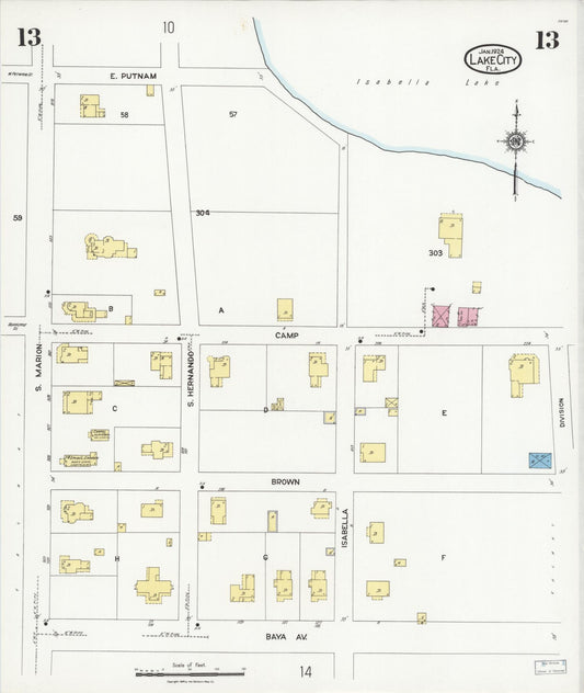 Sanborn Fire Insurance Map from Lake City, Columbia County, Florida (1924), Sheet #0013 - Historic Sanborn Fire Insurance Map Print, vintage old map wall art, antique decor, genealogy gift, Florida Florida map