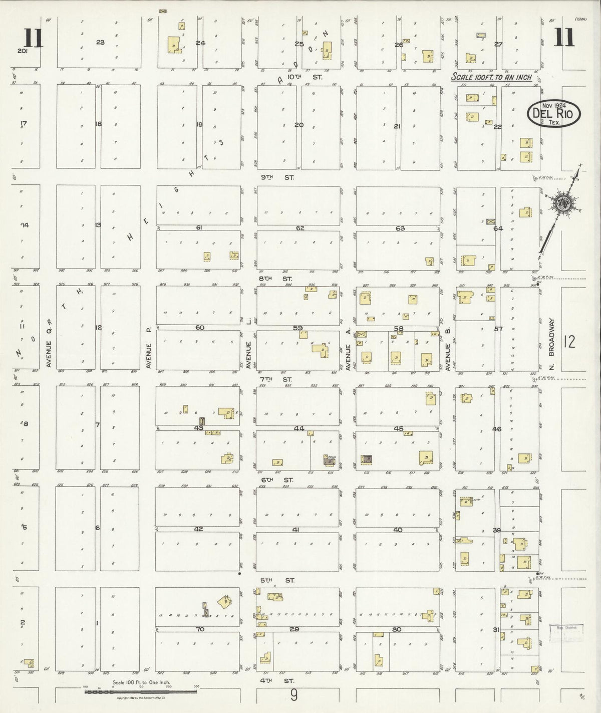 Sanborn Fire Insurance Map from Del Rio, Val Verde County, Texas (1924), Sheet #0011 - Complete Map Set gallery image, historic Sanborn map, vintage wall art, Texas Texas