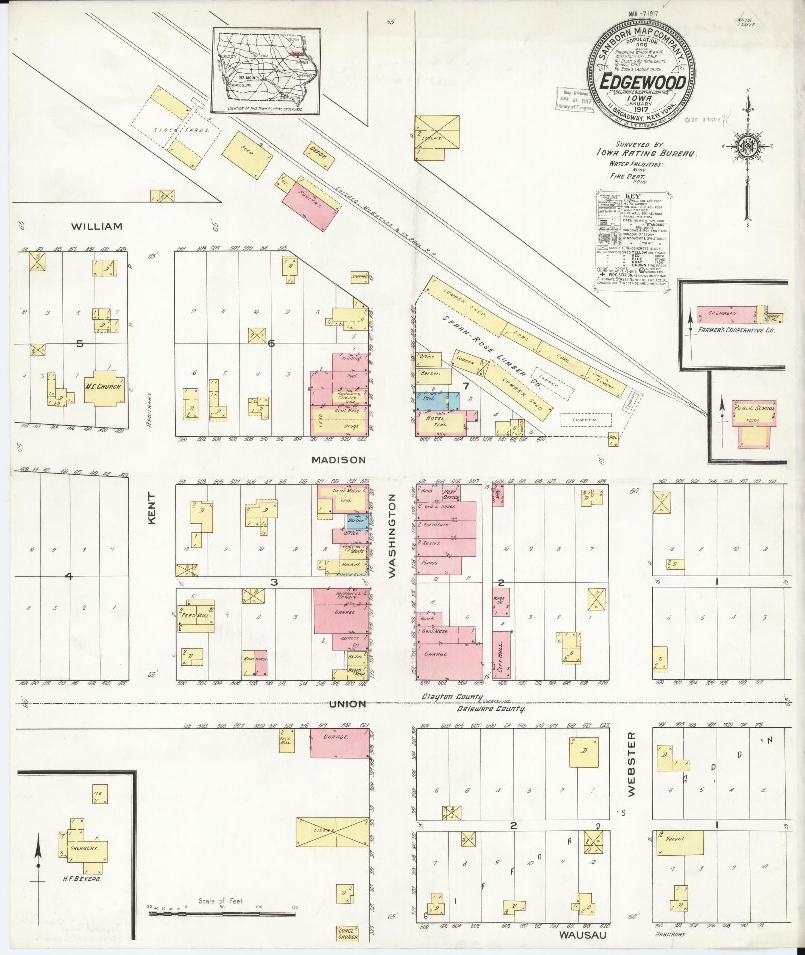 Sanborn Fire Insurance Map from Edgewood, Delaware and Clayton Counties, Iowa (1917), Sheet #0001 - Historic Sanborn Fire Insurance Map Print, vintage old map wall art