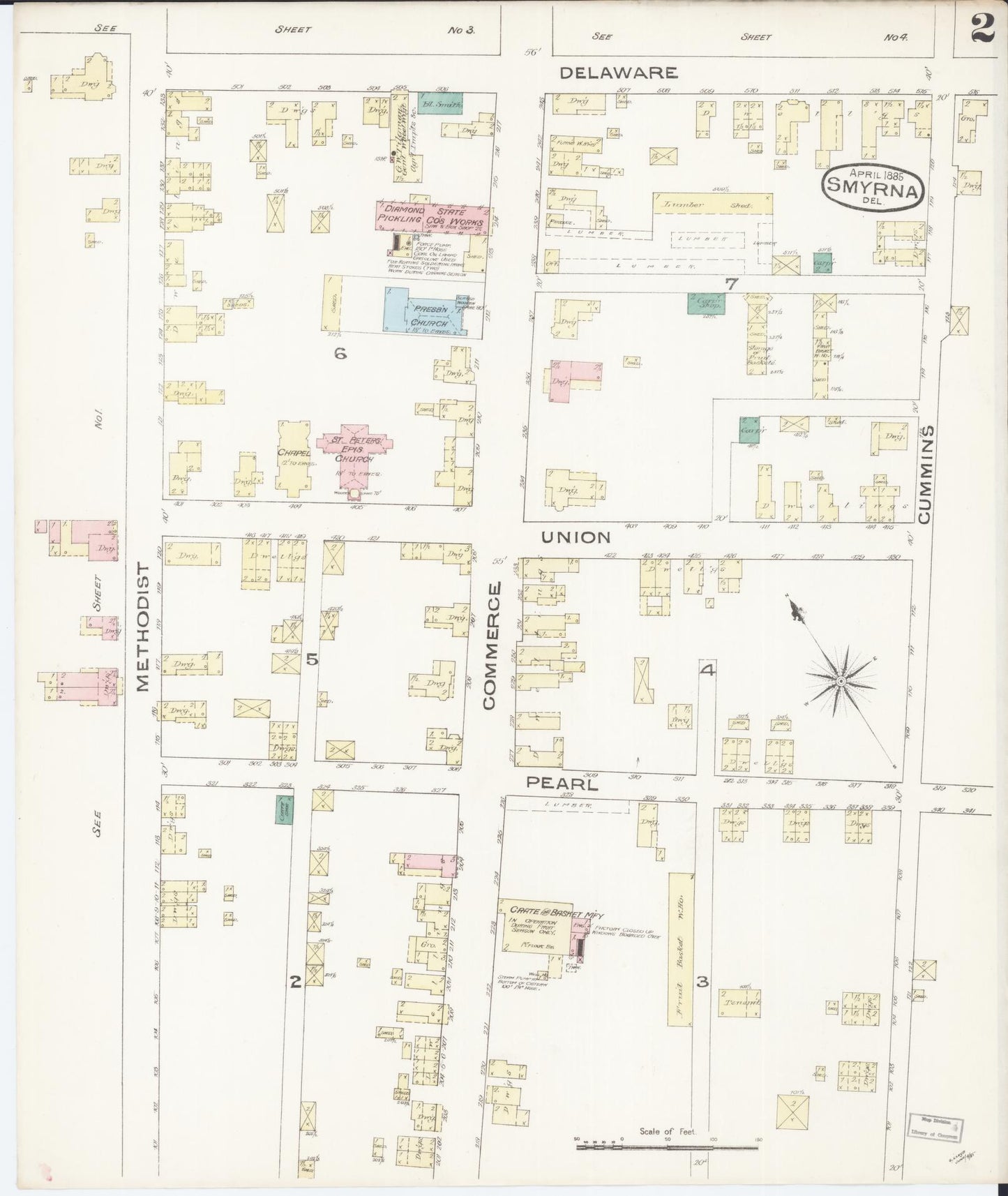 Sanborn Fire Insurance Map from Smyrna, Kent County, Delaware (1885), Sheet #0002 - Historic Sanborn Fire Insurance Map Print, vintage old map wall art, antique decor, genealogy gift, Delaware Delaware map