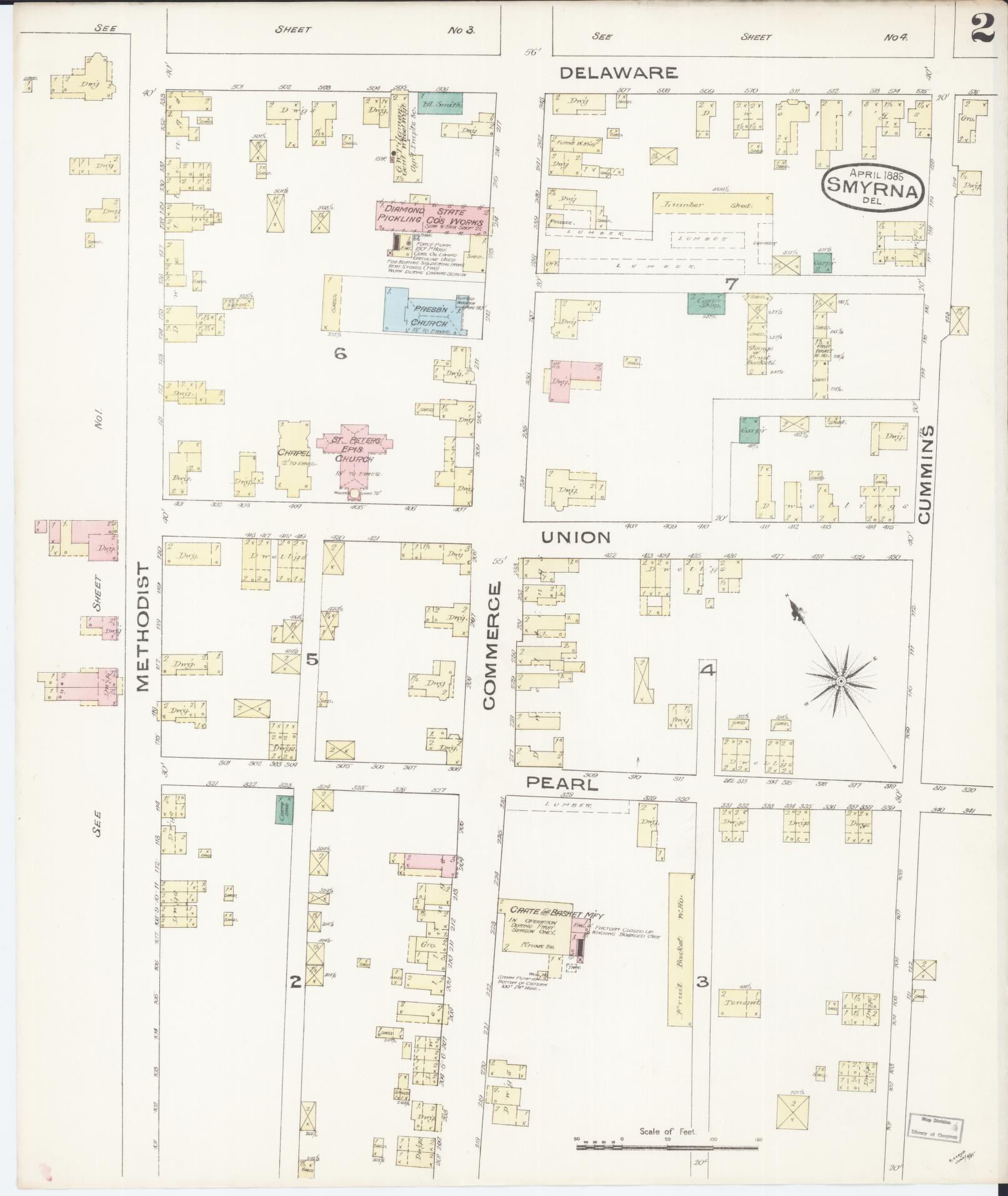 Sanborn Fire Insurance Map from Smyrna, Kent County, Delaware (1885), Sheet #0002 - Historic Sanborn Fire Insurance Map Print, vintage old map wall art, antique decor, genealogy gift, Delaware Delaware map