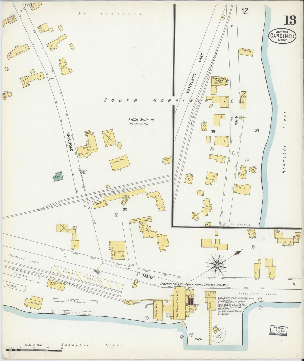 Sanborn Fire Insurance Map from Gardiner, Kennebec County, Maine (1903), Sheet #0013 - Complete Map Set gallery image, historic Sanborn map, vintage wall art, Maine Maine