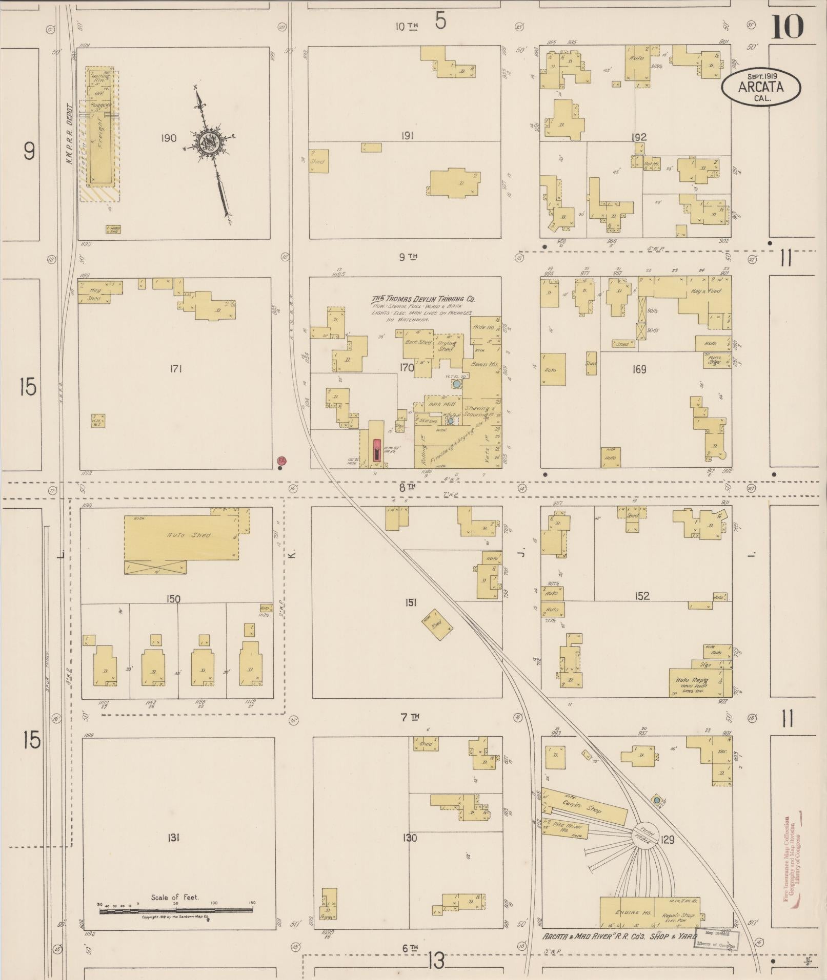 Sanborn Fire Insurance Map from Arcata, Humboldt County, California (1919), Sheet #0010 - Historic Sanborn Fire Insurance Map Print, vintage old map wall art, antique decor, genealogy gift, California California map