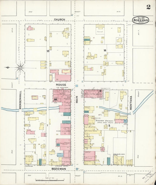 Sanborn Fire Insurance Map from Bozeman, Gallatin County, Montana (1891), Sheet #0002 - Historic Sanborn Fire Insurance Map Print, vintage old map wall art, antique decor, genealogy gift, Montana Montana map