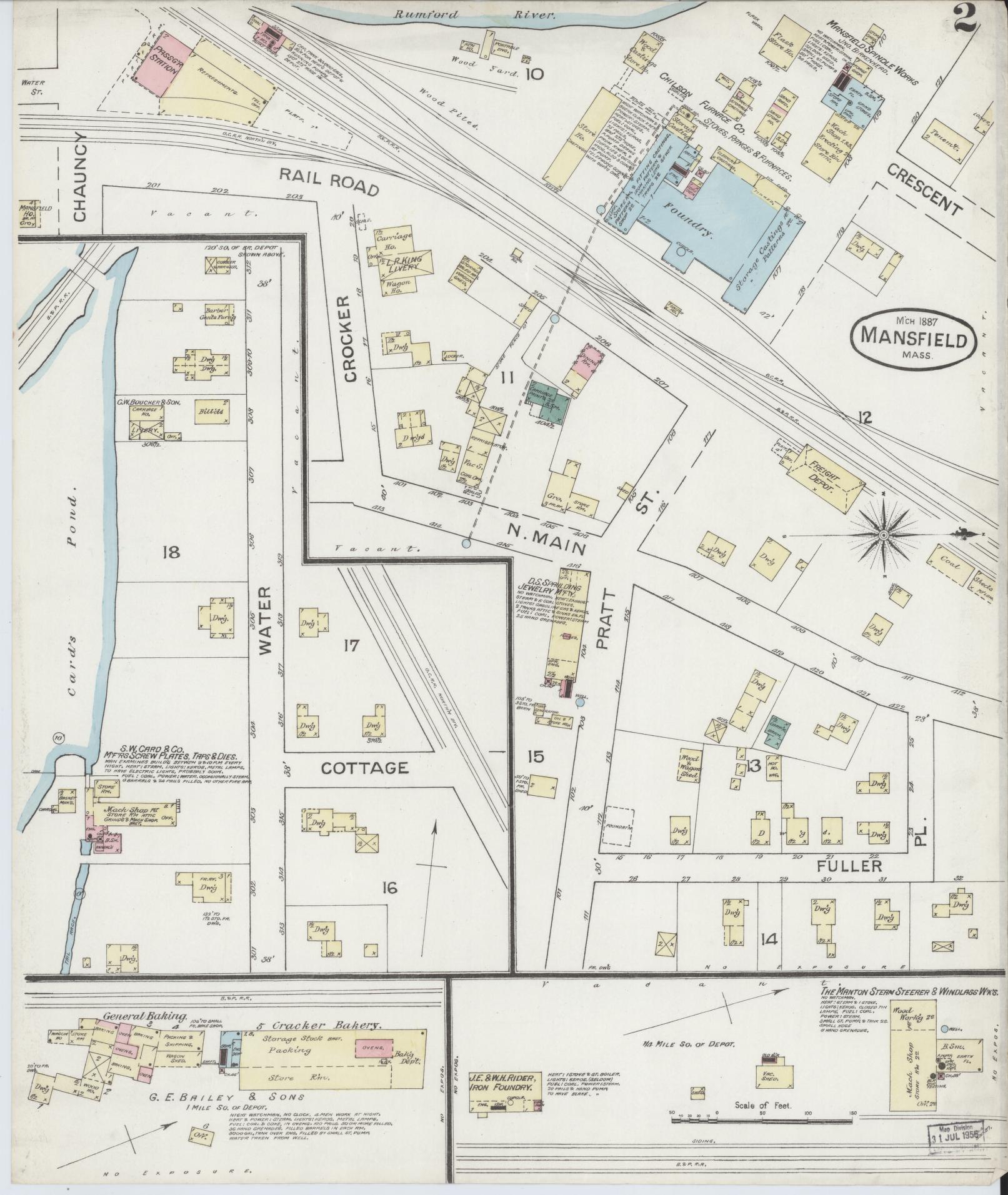Sanborn Fire Insurance Map from Mansfield, Bristol County, Massachusetts (1887), Sheet #0002 - Historic Sanborn Fire Insurance Map Print, vintage old map wall art, antique decor, genealogy gift, Massachusetts Massachusetts map