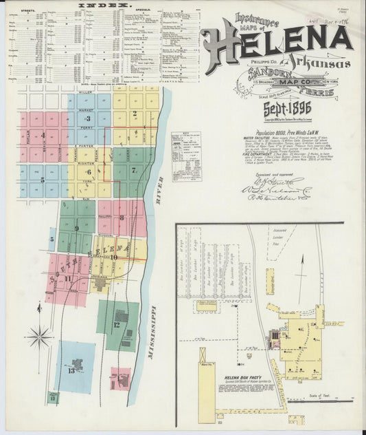 Sanborn Fire Insurance Map from Helena, Phillips County, Arkansas (1896), Sheet #0001 - Historic Sanborn Fire Insurance Map Print, vintage old map wall art, antique decor, genealogy gift, Arkansas Arkansas map