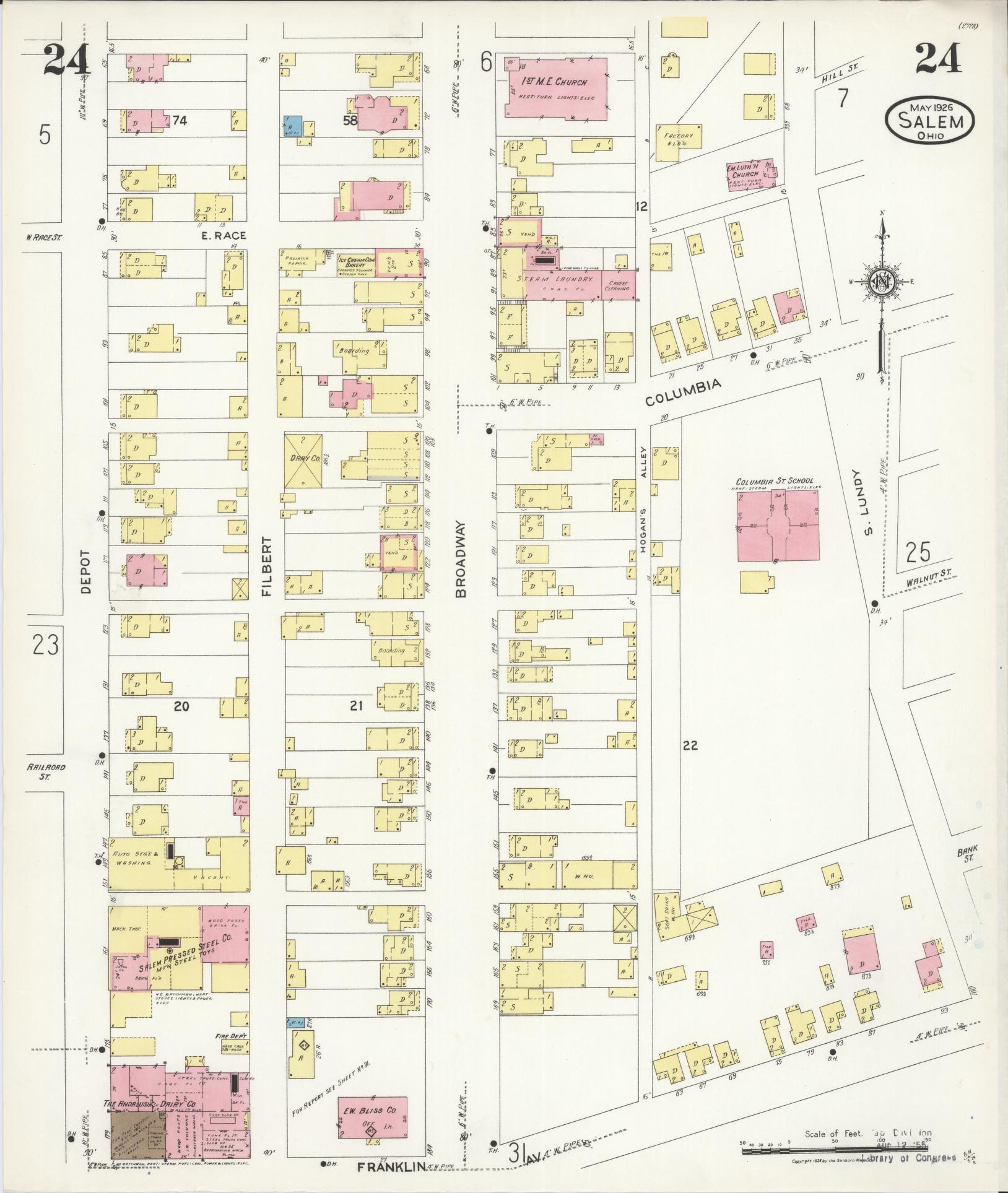 Sanborn Fire Insurance Map from Salem, Columbiana County, Ohio (1926), Sheet #0024 - Historic Sanborn Fire Insurance Map Print, vintage old map wall art, antique decor, genealogy gift, Ohio Ohio map