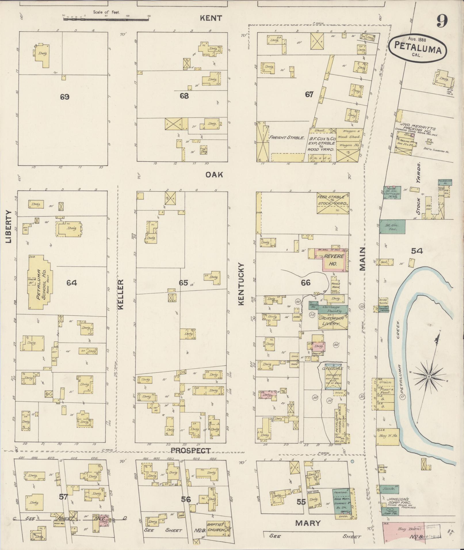 Sanborn Fire Insurance Map from Petaluma, Sonoma County, California (1888), Sheet #0009 - Complete Map Set gallery image, historic Sanborn map, vintage wall art, California California