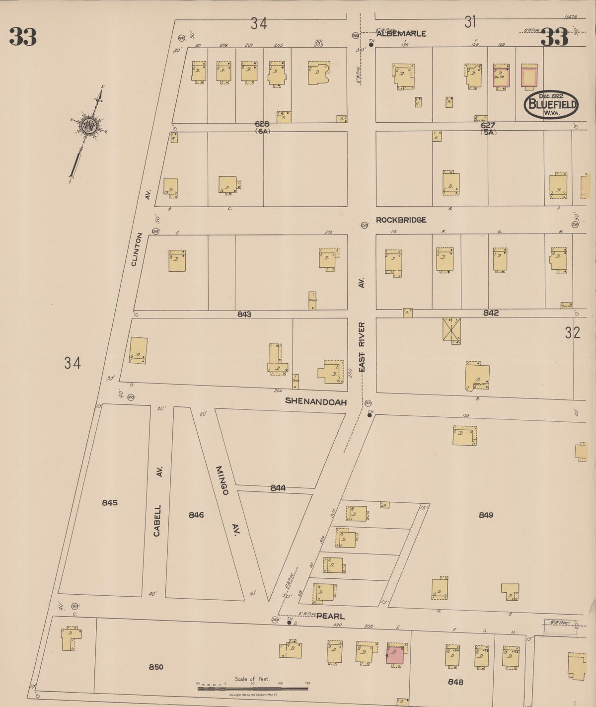 Sanborn Fire Insurance Map from Bluefield, Mercer County, West Virginia (1922), Sheet #0033 - Historic Sanborn Fire Insurance Map Print, vintage old map wall art, antique decor, genealogy gift, West Virginia West Virginia map