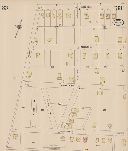 Sanborn Fire Insurance Map from Bluefield, Mercer County, West Virginia (1922), Sheet #0033 - Historic Sanborn Fire Insurance Map Print, vintage old map wall art, antique decor, genealogy gift, West Virginia West Virginia map