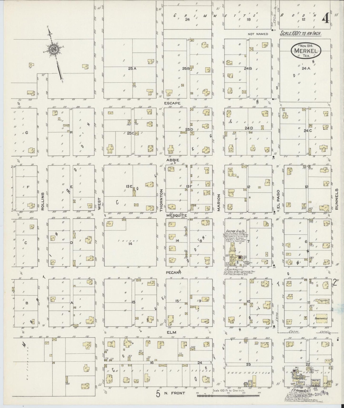 Sanborn Fire Insurance Map from Merkel, Taylor County, Texas (1914), Sheet #0004 - Historic Sanborn Fire Insurance Map Print, vintage old map wall art, antique decor, genealogy gift, Texas Texas map