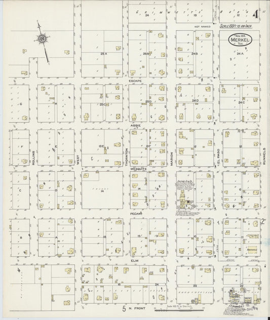 Sanborn Fire Insurance Map from Merkel, Taylor County, Texas (1914), Sheet #0004 - Historic Sanborn Fire Insurance Map Print, vintage old map wall art, antique decor, genealogy gift, Texas Texas map