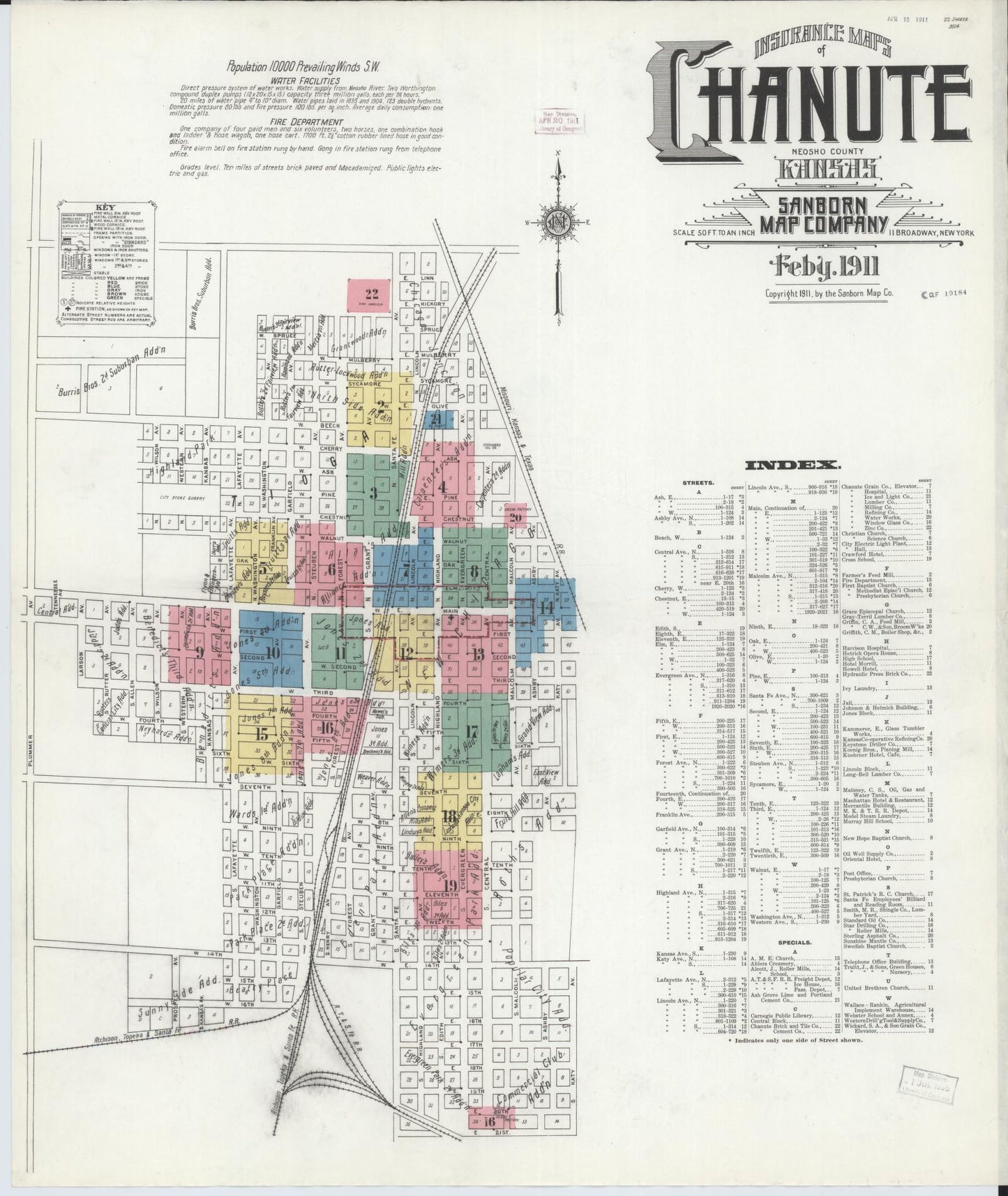 Sanborn Fire Insurance Map from Chanute, Neosho County, Kansas (1911), Sheet #0001 - Historic Sanborn Fire Insurance Map Print, vintage old map wall art, antique decor, genealogy gift, Kansas Kansas map