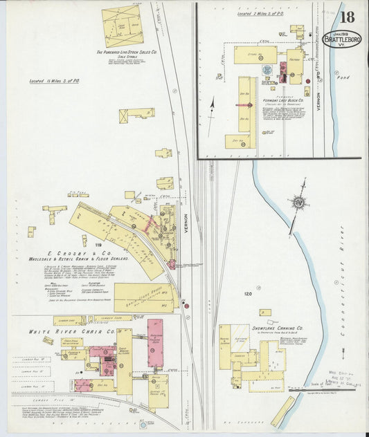 Sanborn Fire Insurance Map from Brattleboro, Windham County, Vermont (1919), Sheet #0018 - Historic Sanborn Fire Insurance Map Print, vintage old map wall art, antique decor, genealogy gift, Vermont Vermont map