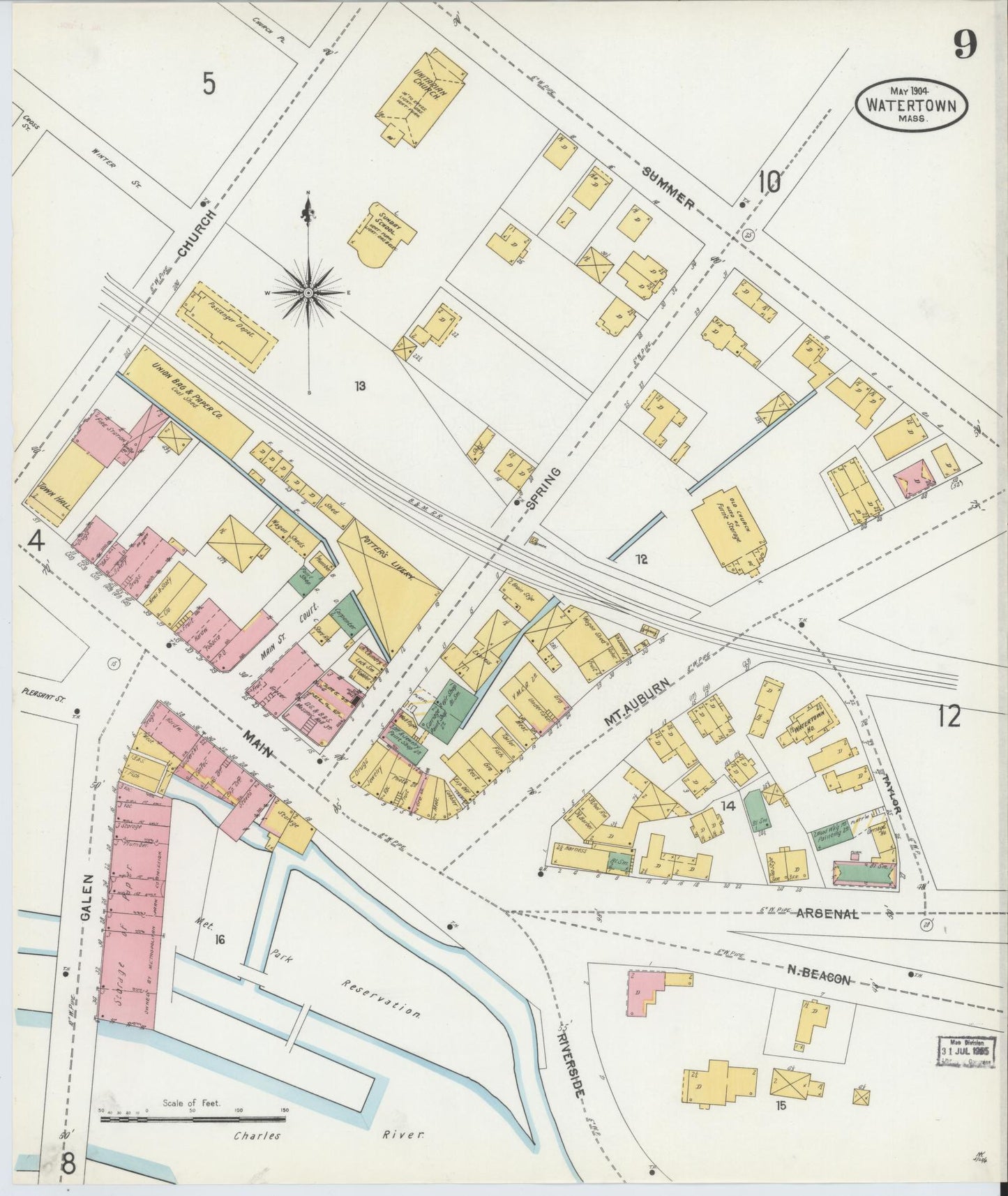 Sanborn Fire Insurance Map from Watertown, Middlesex County, Massachusetts (1904), Sheet #0009 - Complete Map Set gallery image, historic Sanborn map, vintage wall art, Massachusetts Massachusetts