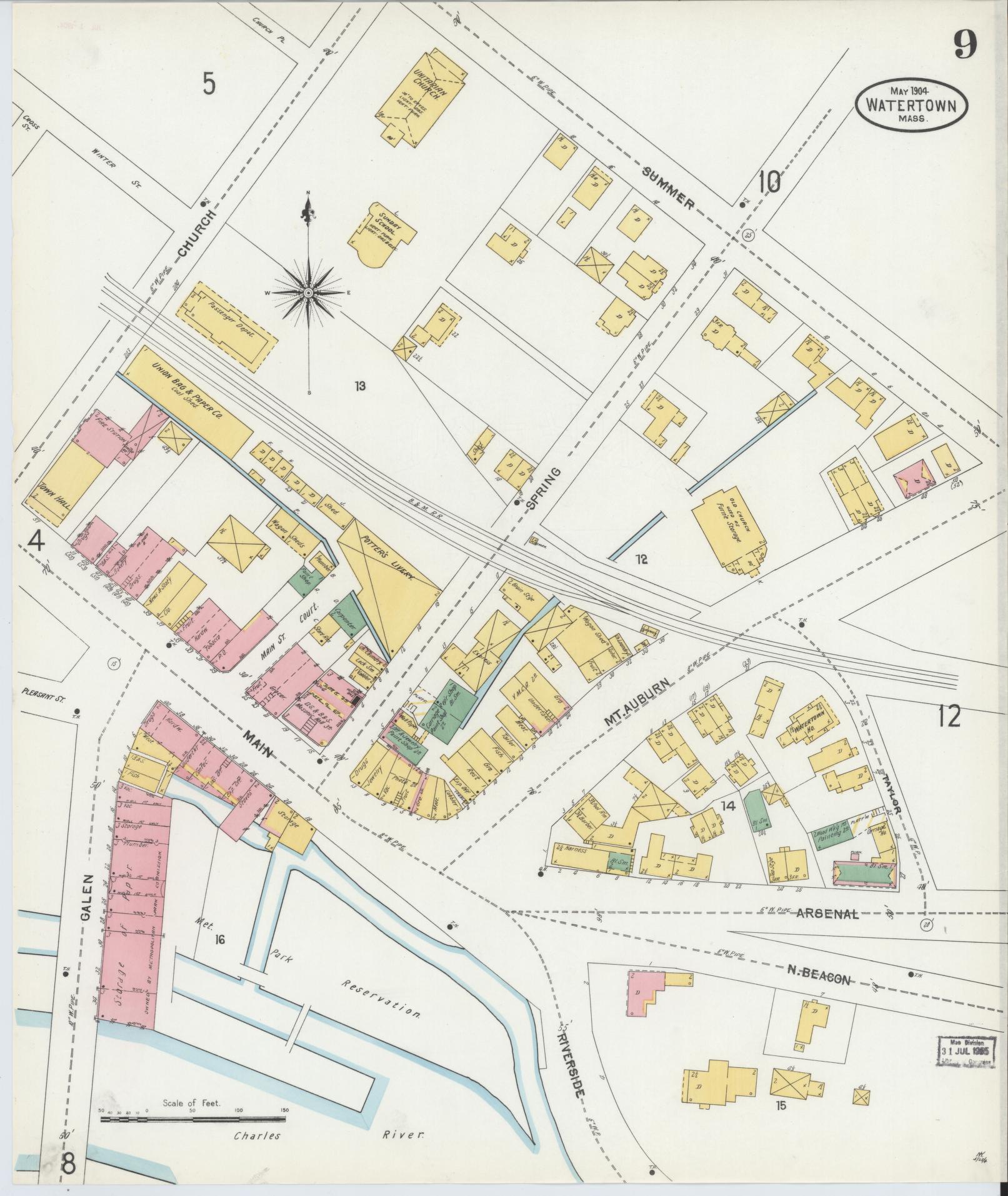 Sanborn Fire Insurance Map from Watertown, Middlesex County, Massachusetts (1904), Sheet #0009 - Complete Map Set gallery image, historic Sanborn map, vintage wall art, Massachusetts Massachusetts