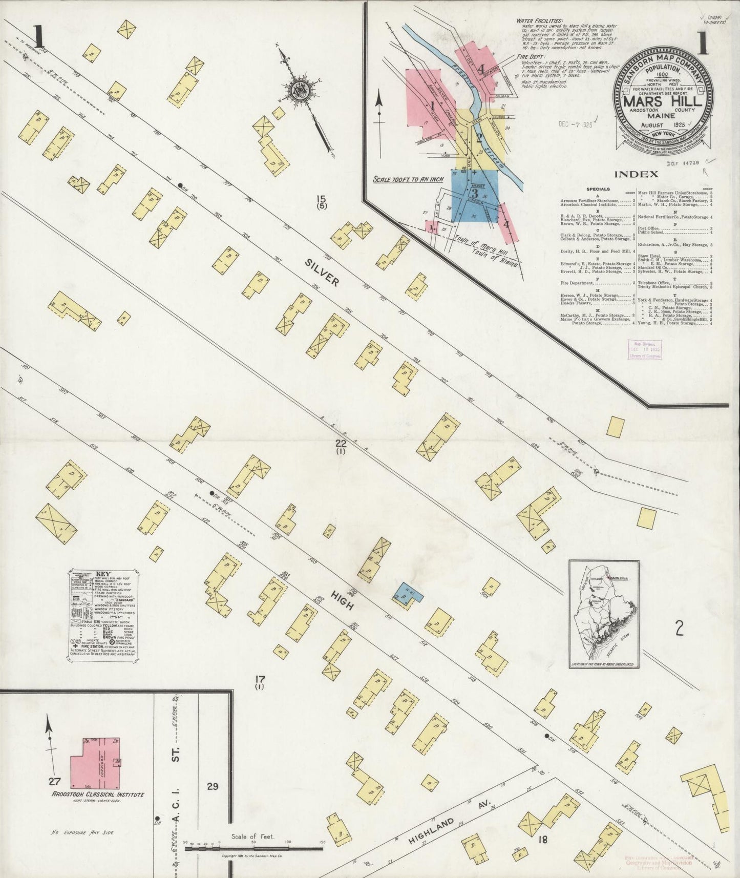 Sanborn Fire Insurance Map from Mars Hill, Aroostook County, Maine (1925), Sheet #0001 - Historic Sanborn Fire Insurance Map Print, vintage old map wall art, antique decor, genealogy gift, Maine Maine map
