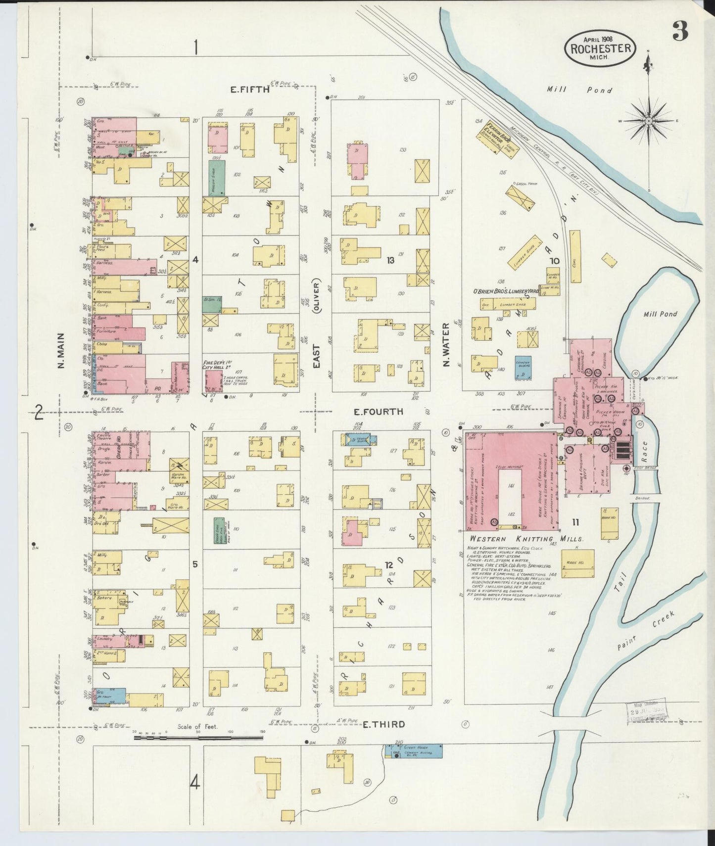 Sanborn Fire Insurance Map from Rochester, Oakland County, Michigan (1908), Sheet #0003 - Complete Map Set gallery image, historic Sanborn map, vintage wall art, Michigan Michigan