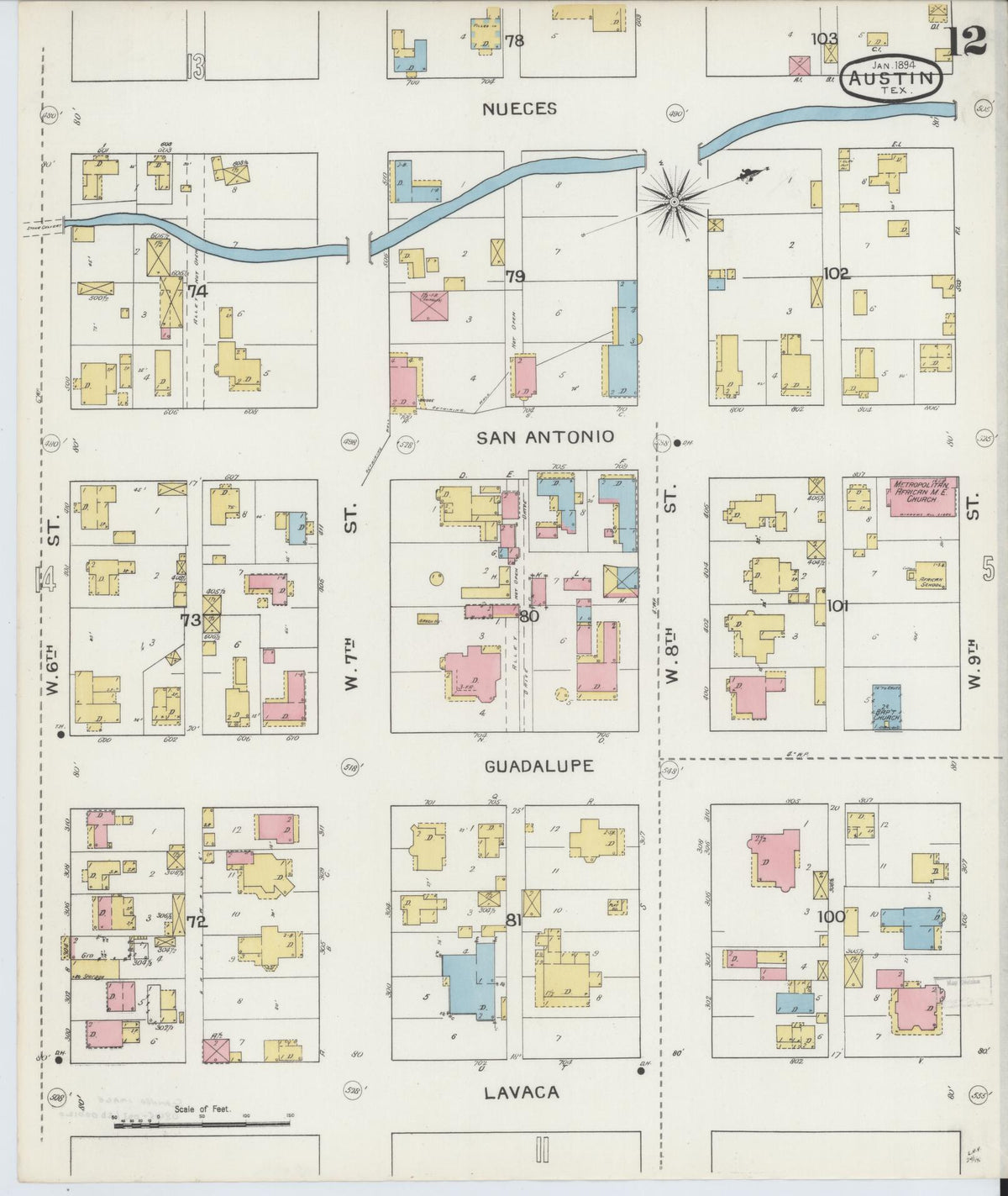 Sanborn Fire Insurance Map from Austin, Travis County, Texas (1894), Sheet #0012 - Complete Map Set gallery image, historic Sanborn map, vintage wall art, Texas Texas