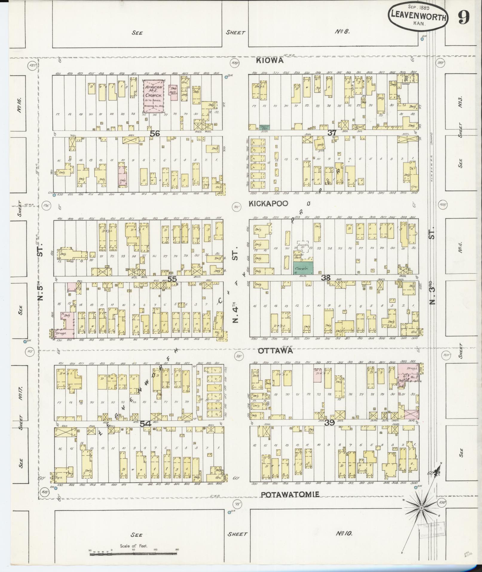 Sanborn Fire Insurance Map from Leavenworth, Leavenworth County, Kansas (1889), Sheet #0010 - Historic Sanborn Fire Insurance Map Print, vintage old map wall art, antique decor, genealogy gift, Kansas Kansas map