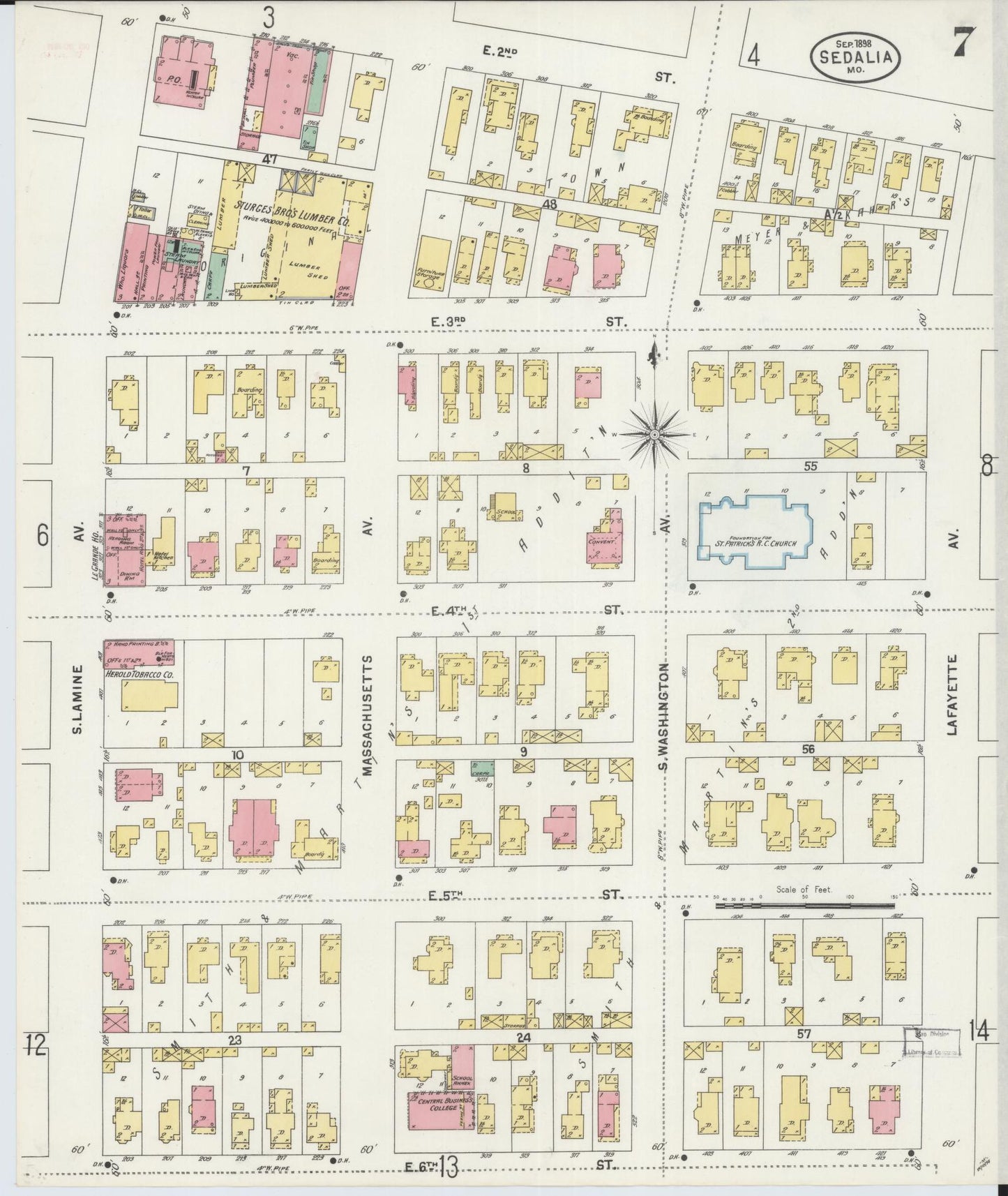 Sanborn Fire Insurance Map from Sedalia, Pettis County, Missouri (1898), Sheet #0007 - Historic Sanborn Fire Insurance Map Print, vintage old map wall art, antique decor, genealogy gift, Missouri Missouri map