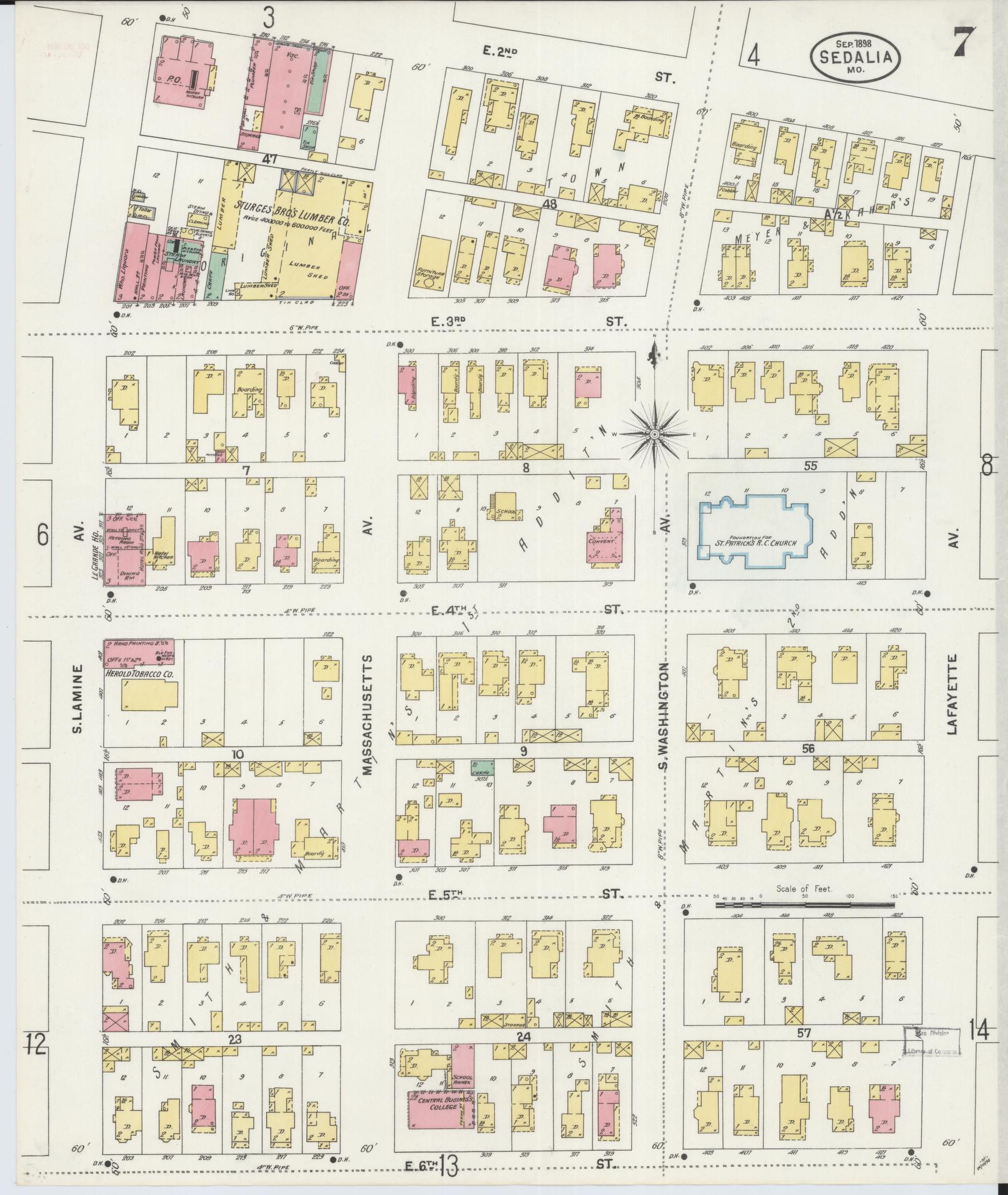 Sanborn Fire Insurance Map from Sedalia, Pettis County, Missouri (1898), Sheet #0007 - Historic Sanborn Fire Insurance Map Print, vintage old map wall art, antique decor, genealogy gift, Missouri Missouri map