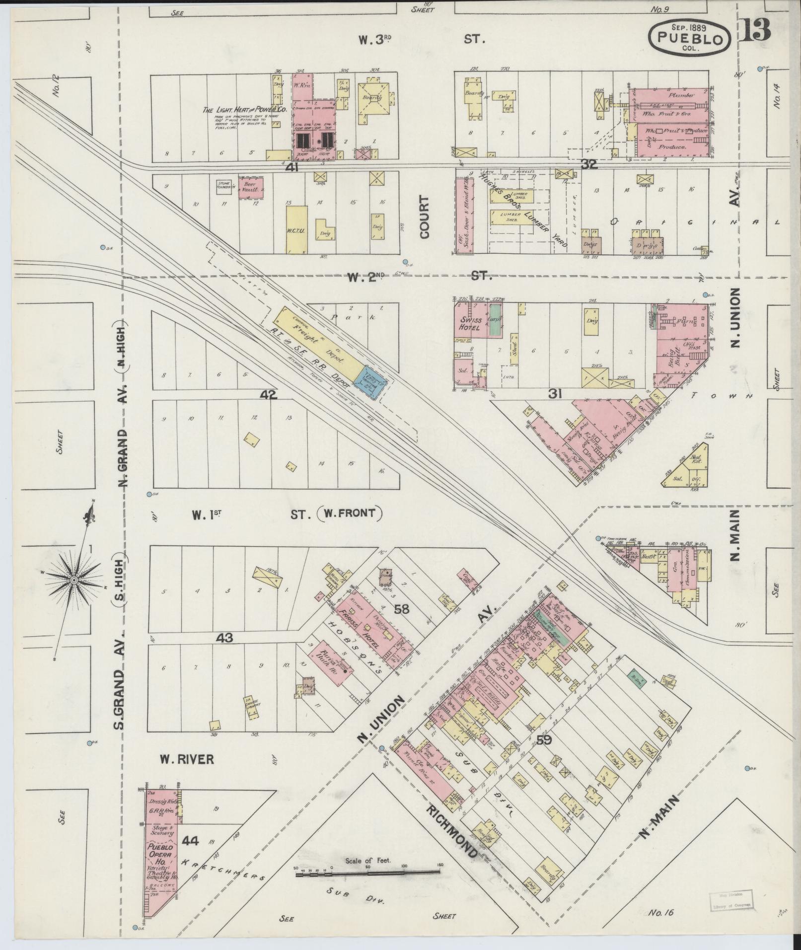 Sanborn Fire Insurance Map from Pueblo, Pueblo County, Colorado (1889), Sheet #0013 - Complete Map Set gallery image, historic Sanborn map, vintage wall art, Colorado Colorado